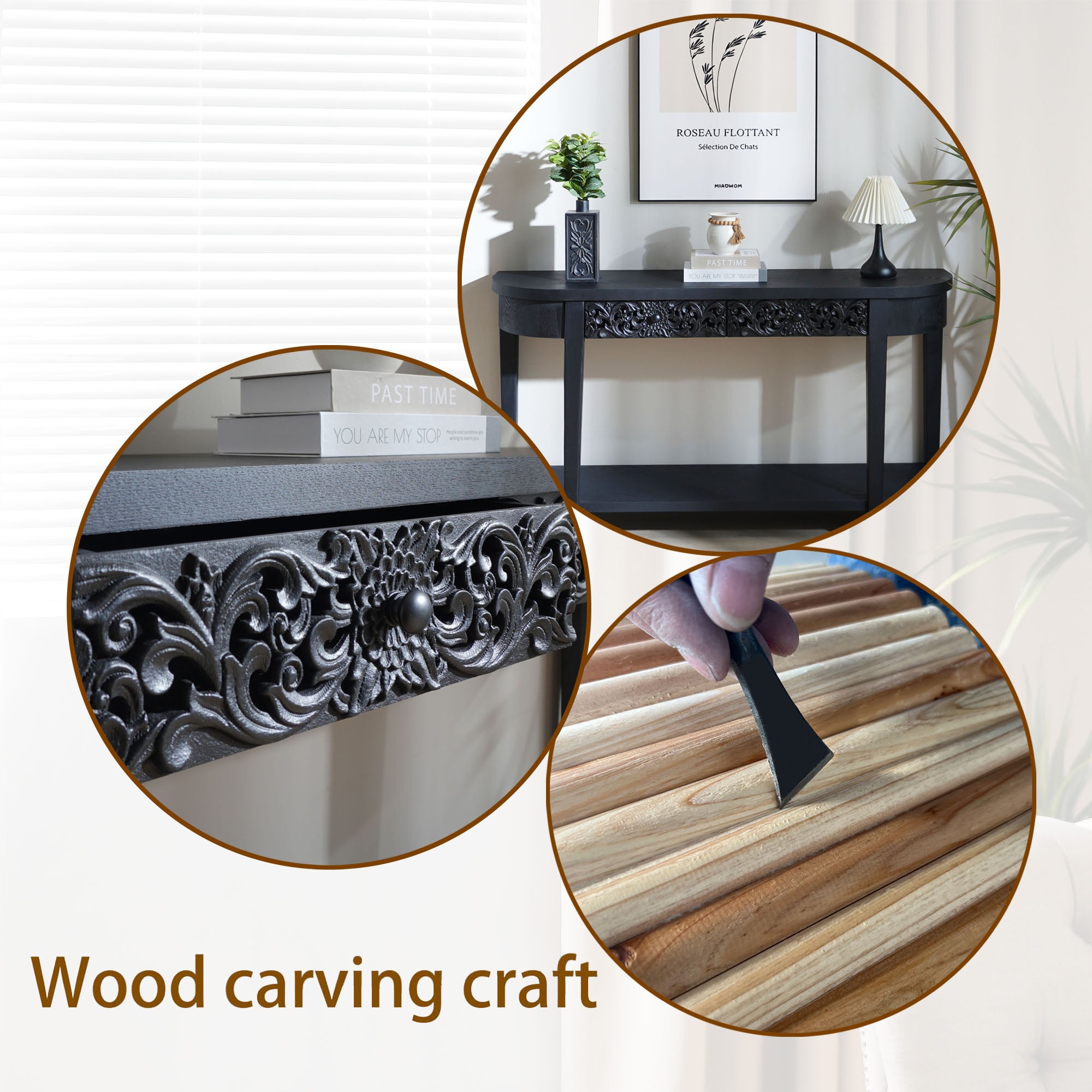 Jawaha Black Carved Wooden Console Table with Lower Storage Shelf