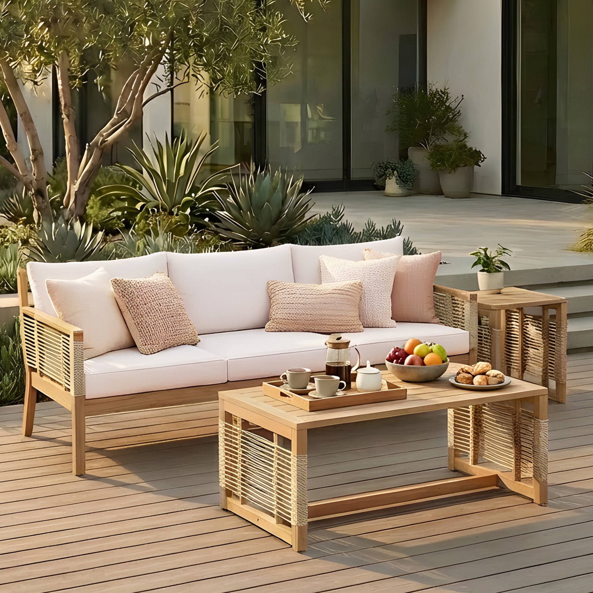 Kirana Outdoor Patio Acacia Wood 3-Seater Sofa Set with 2 Coffee Tables