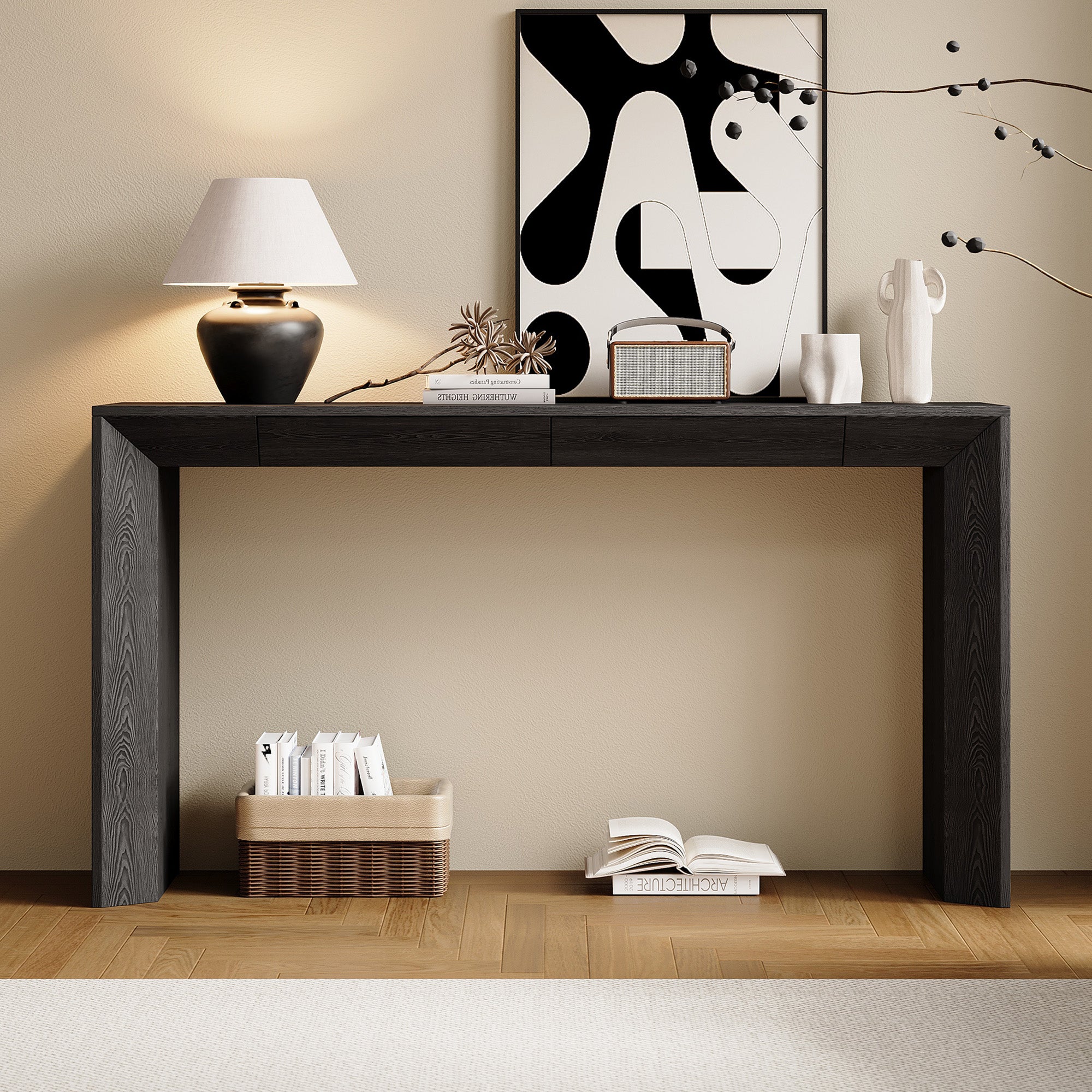 Modern Farmhouse Waterfall Console Table with 2 Concealed Drawers