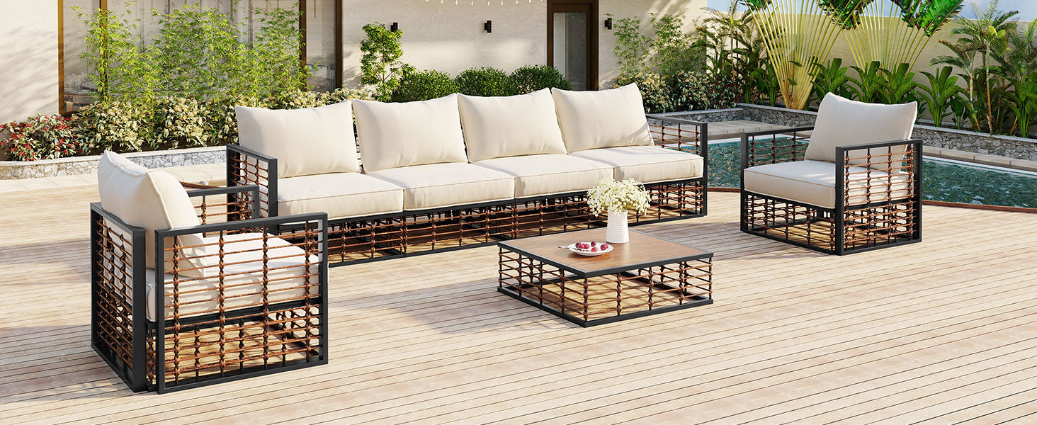 TOPMAX Modern Minimalist 7-Piece Metal Patio Sectional Sofa Set, All-Weather Garden Conversational Furniture Set with Thick Cushions and Coffee Table for Indoor Outdoor, Dark Grey