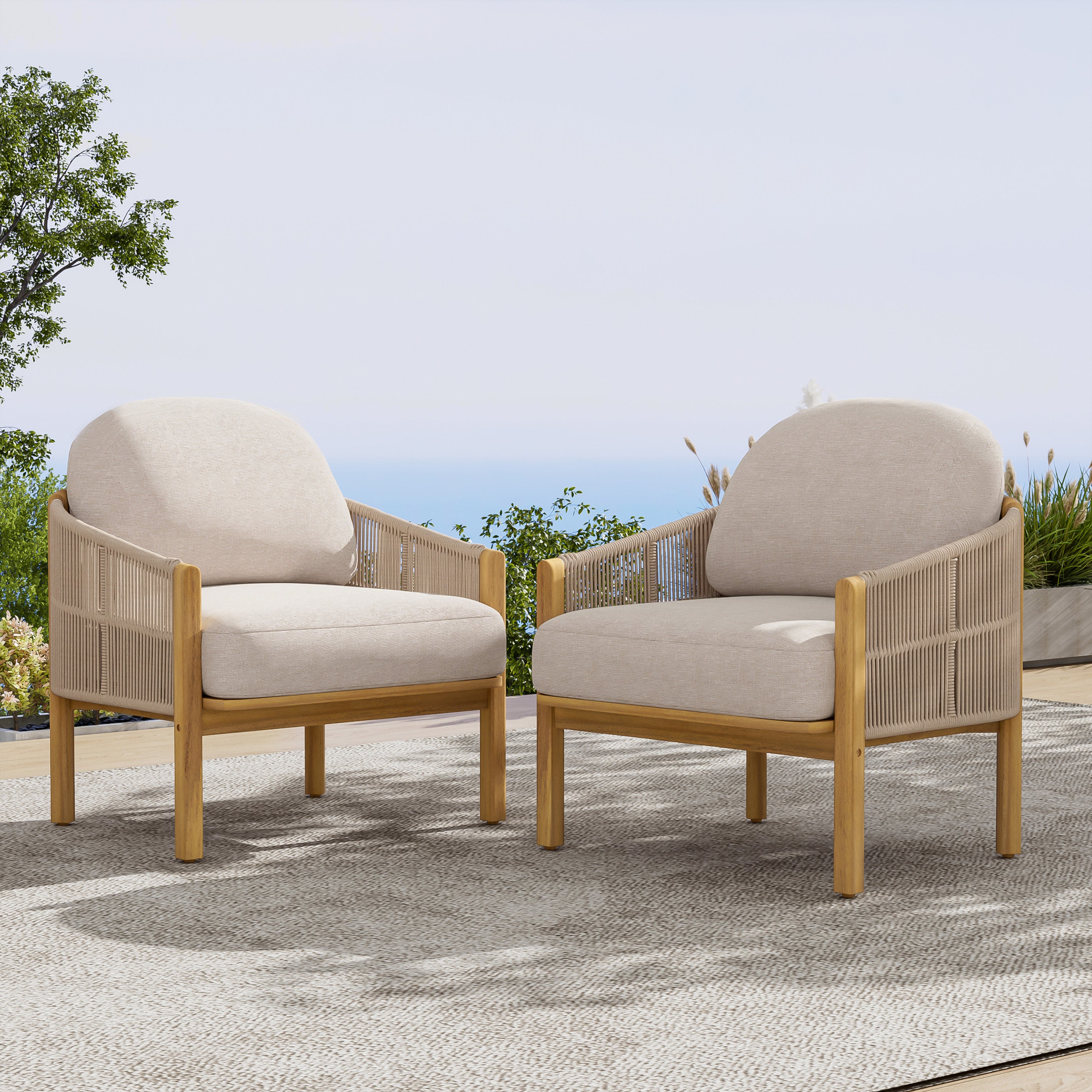 Grotta Outdoor Wood Club Chair, Beige Rope with Beige Cushion