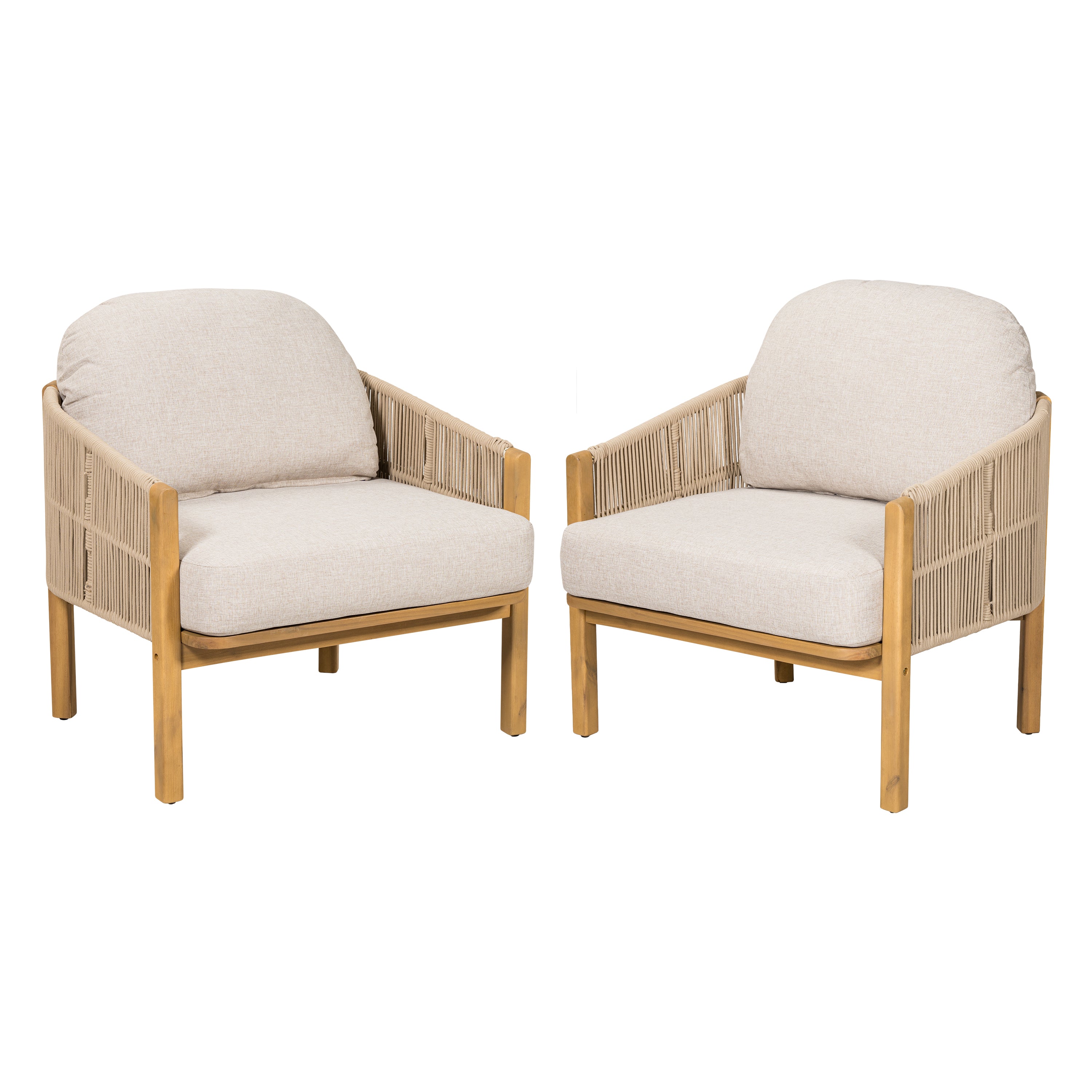 Grotta Outdoor Wood Club Chair, Beige Rope with Beige Cushion