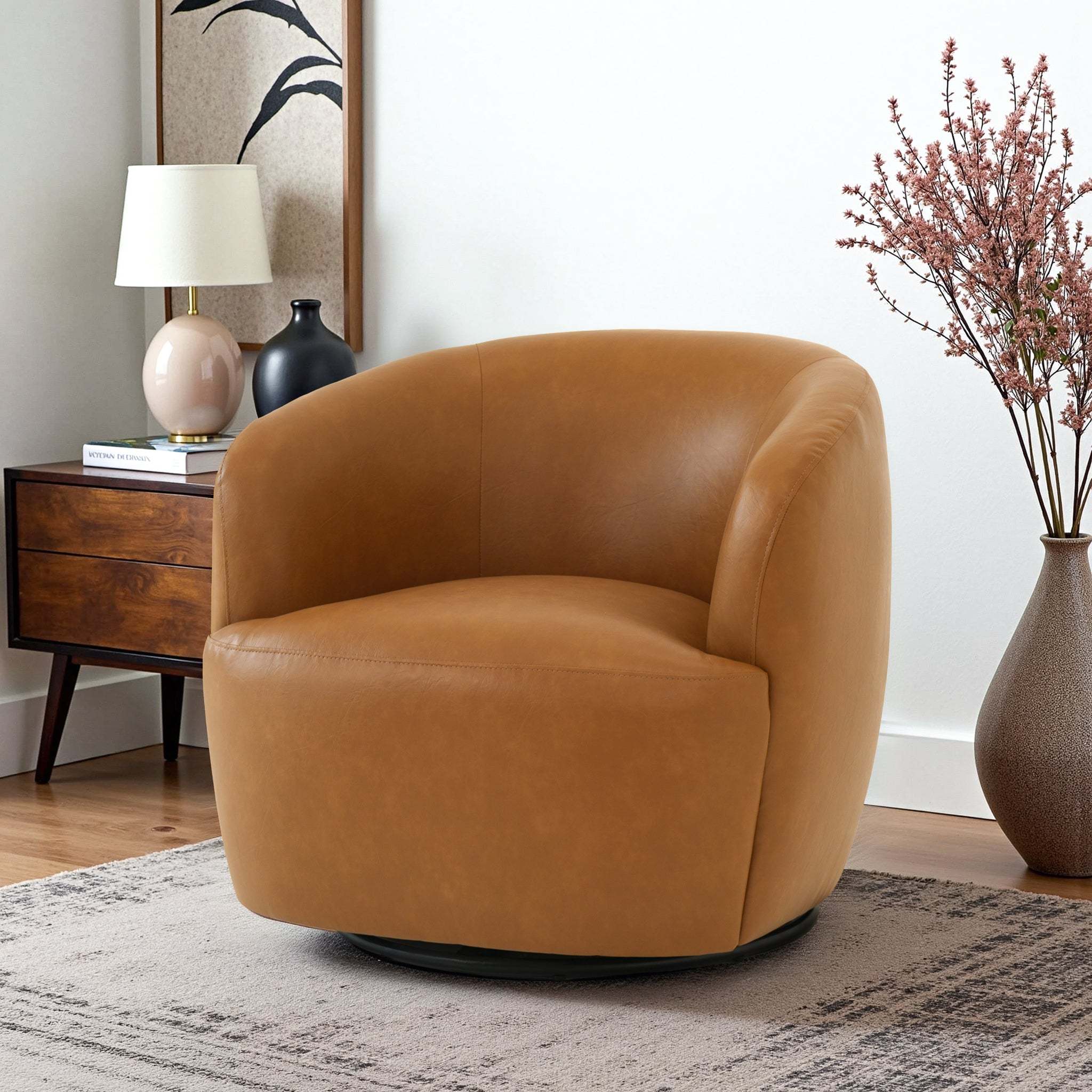 Mina Tan Vegan Leather Upholstered Swivel Barrel Chair