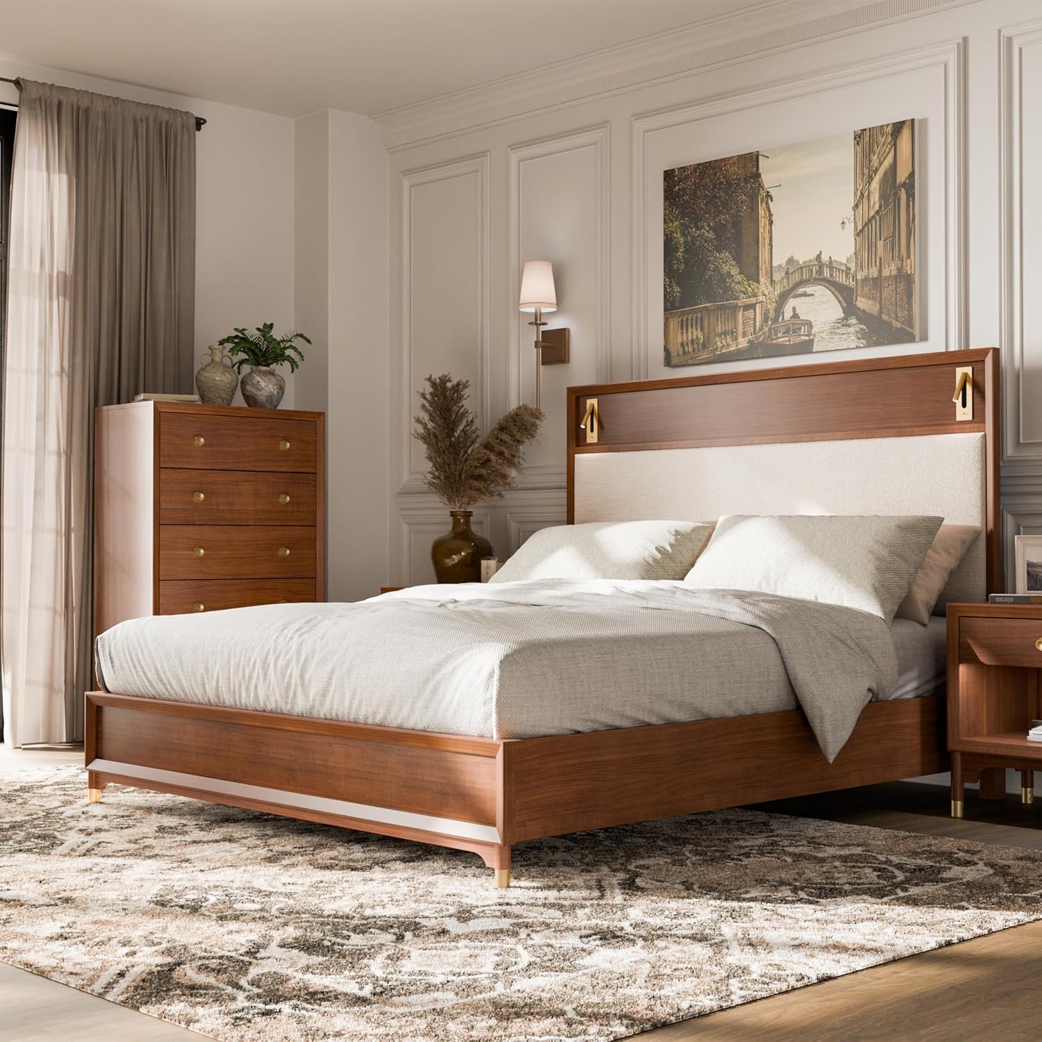 Edison Mid-Century Modern Upholstered Bed with Reading Light