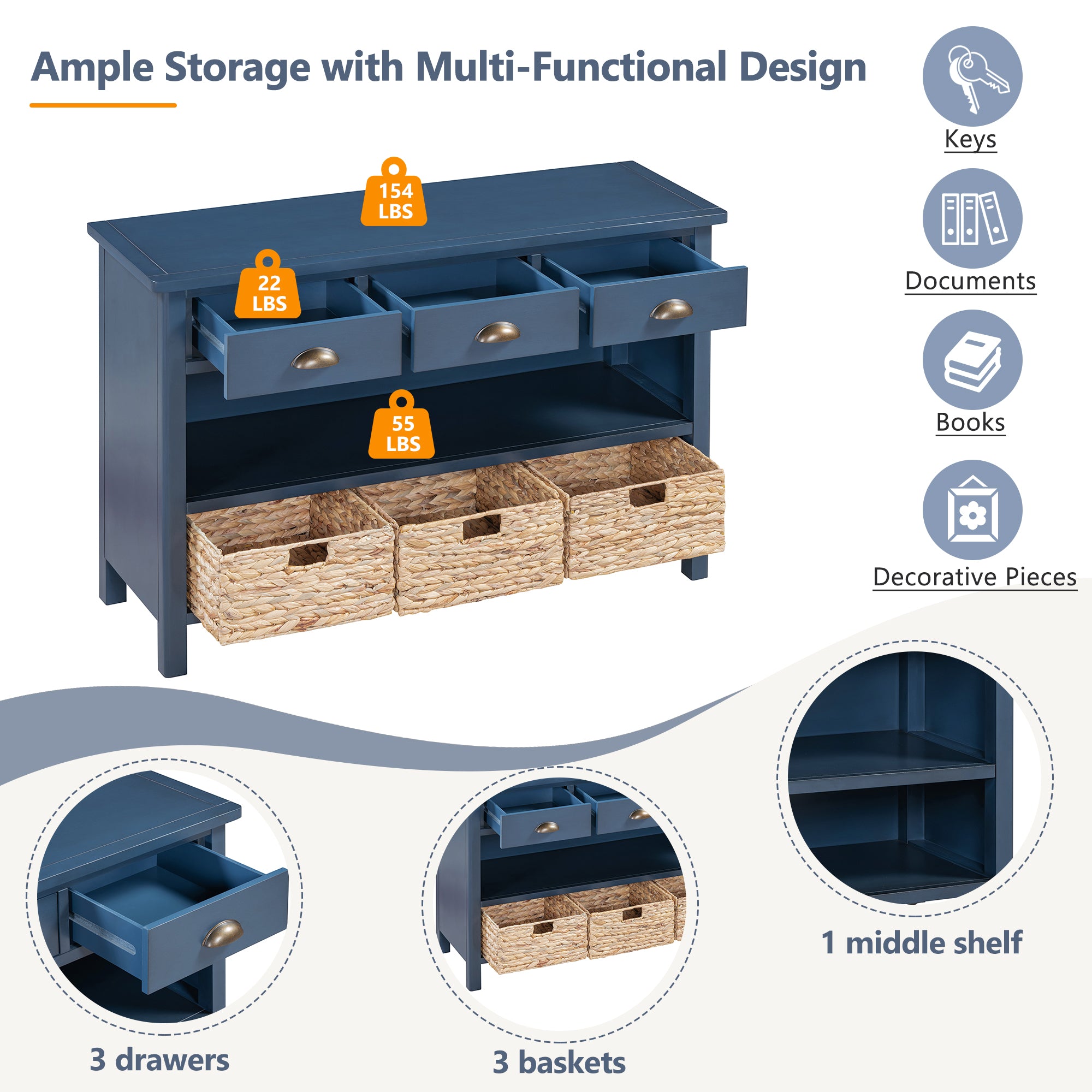 Console Table with Drawers and Water Hyacinth Woven Baskets