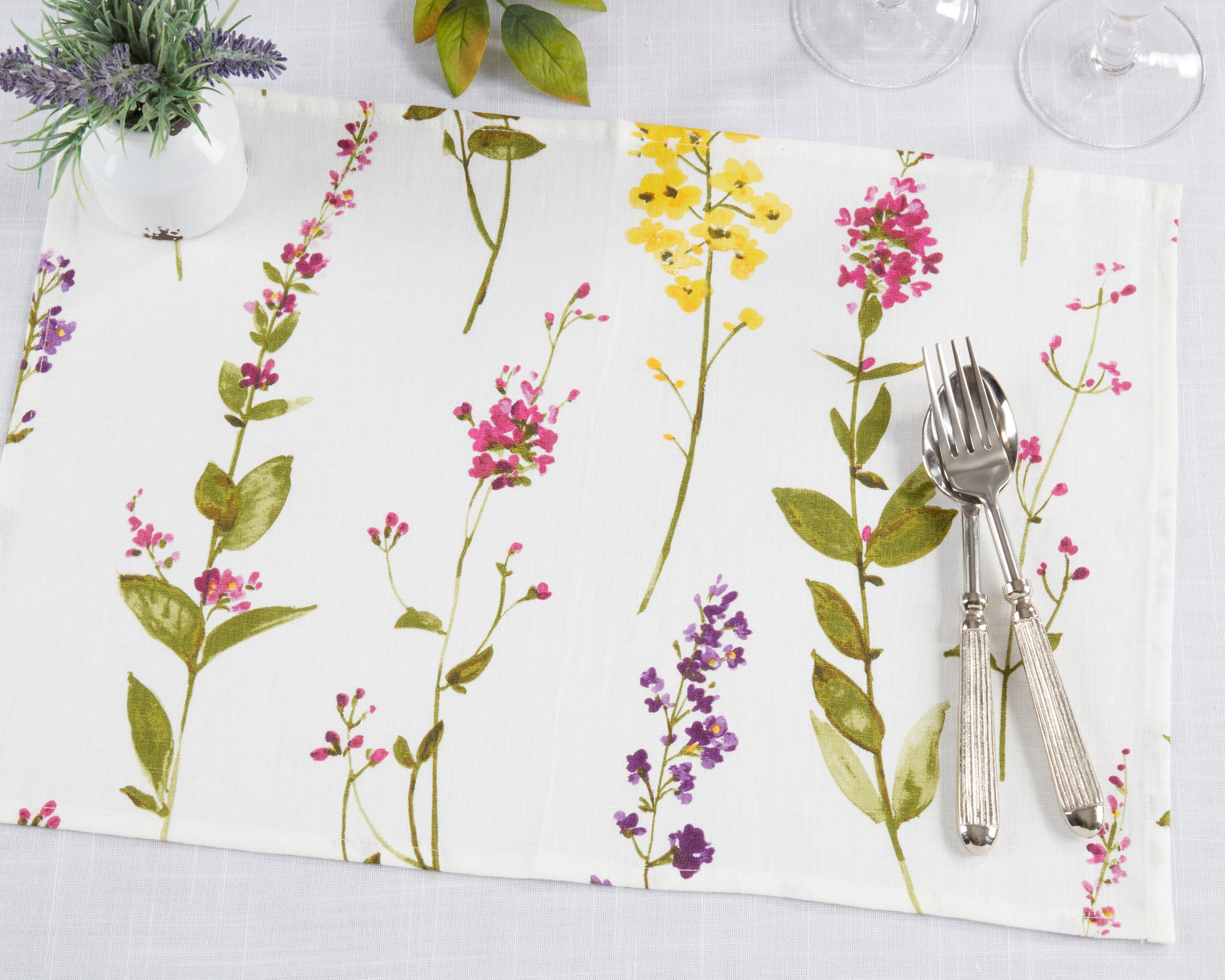 Watercolor Floral Stems Linen Placemats, Set of 4