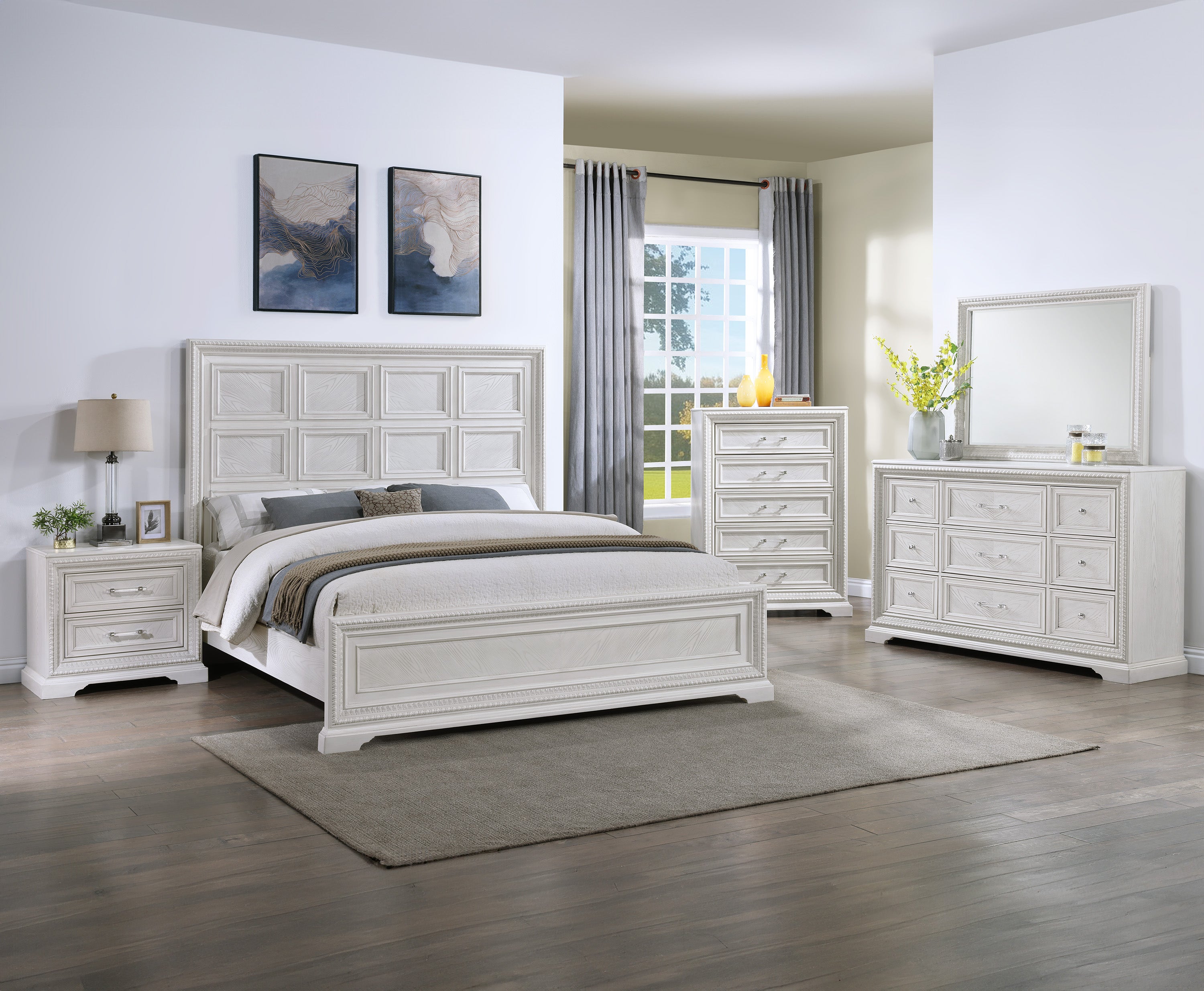 Kelsea Antique White Grid Panel Wooden Bed