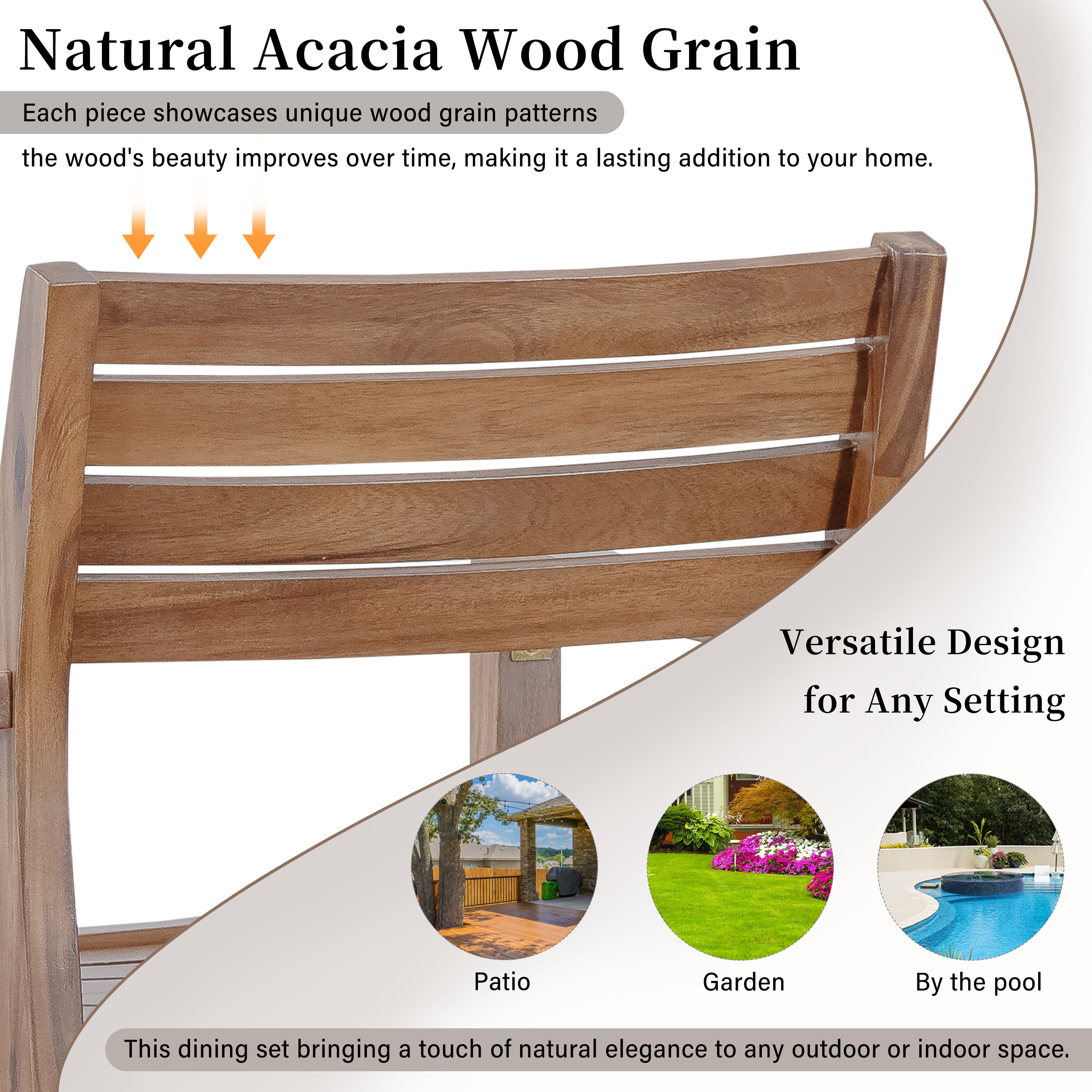 U_STYLE 5-Piece Outdoor Dining Set with 4 Acacia Wood Chairs,47.2" Round Dining Table with Slatted Design, Ideal for Patios, Gardens, Poolsides, and Lawn Areas & Indoor