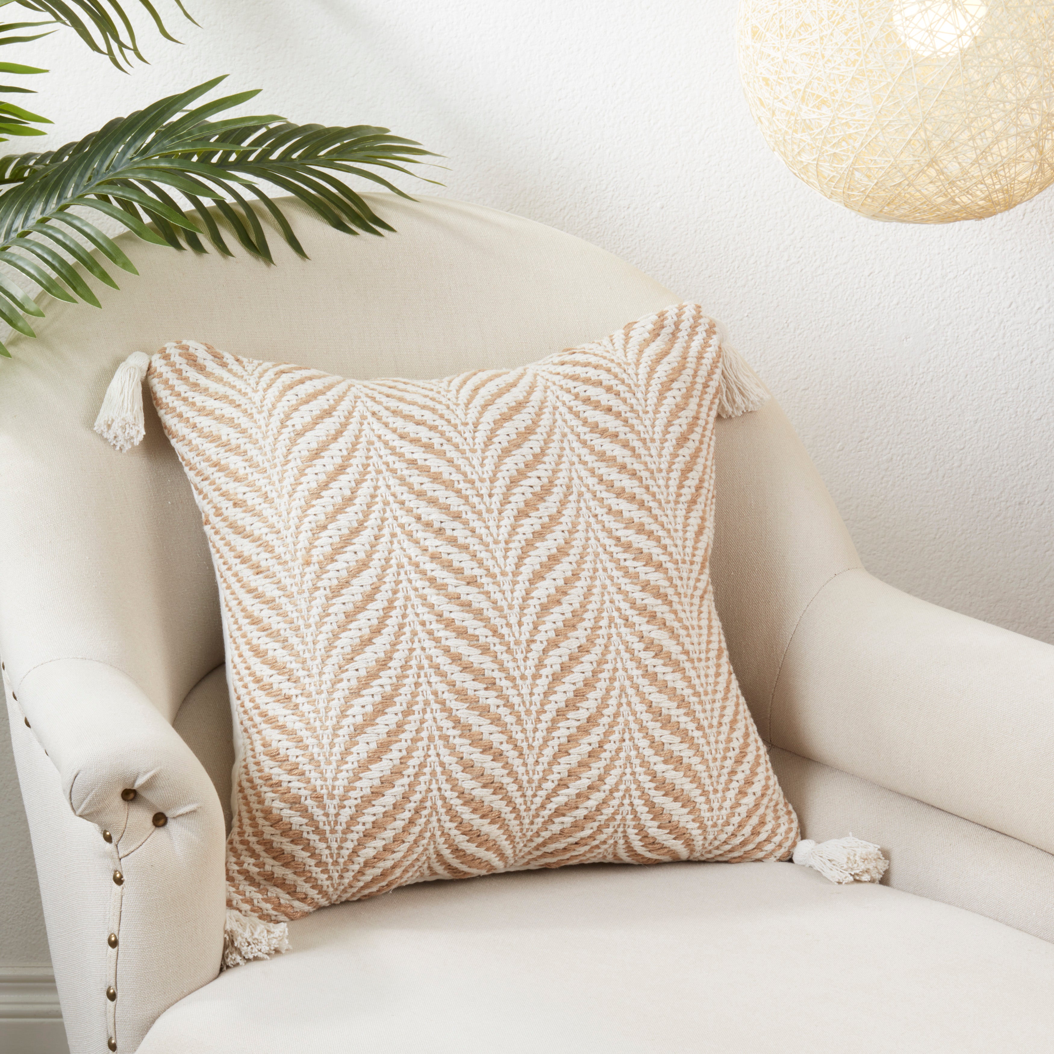 Jute Woven Poly Filled Throw Pillow With Wavy Design