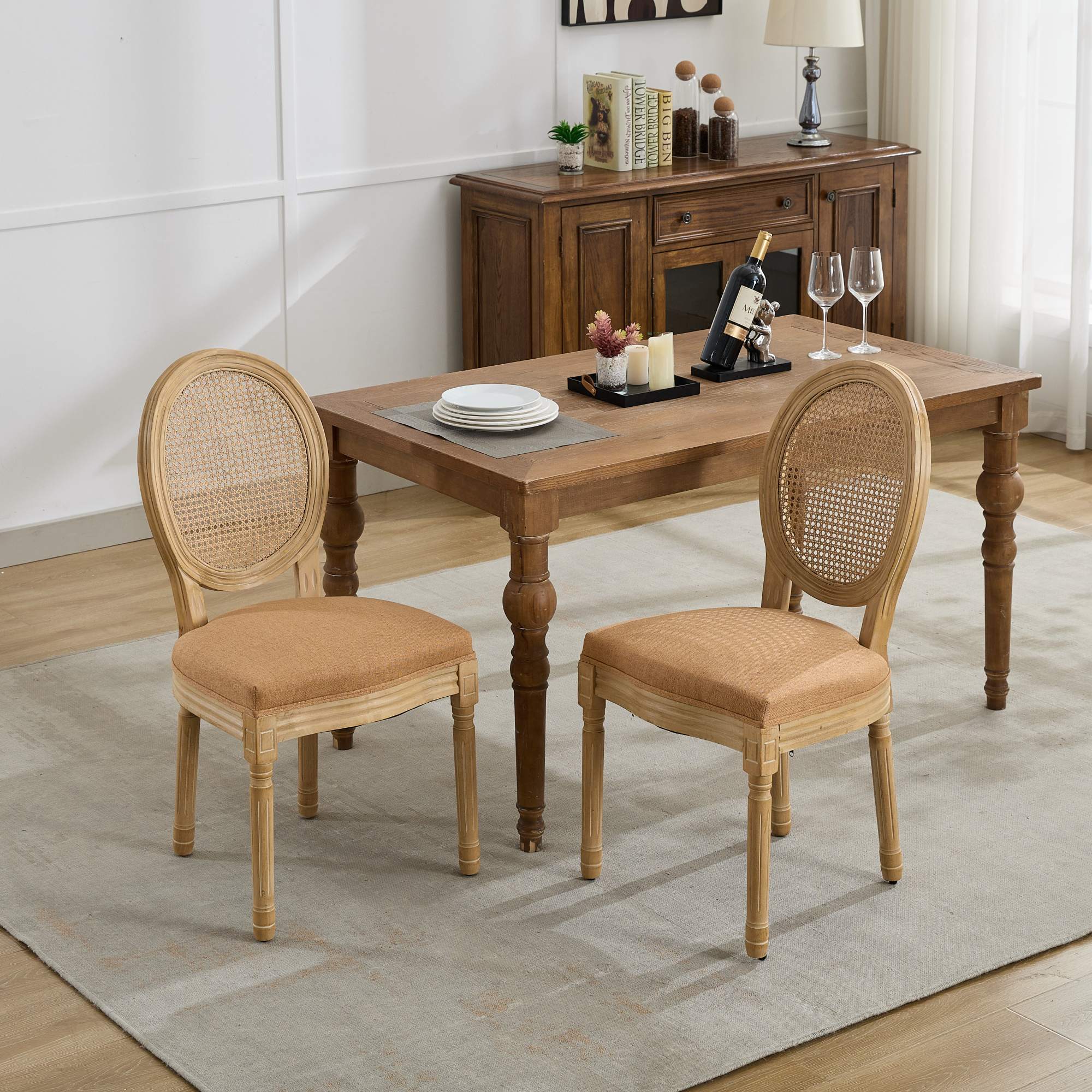 French Country Dining Chairs with Round Rattan Backrest, Set of 2