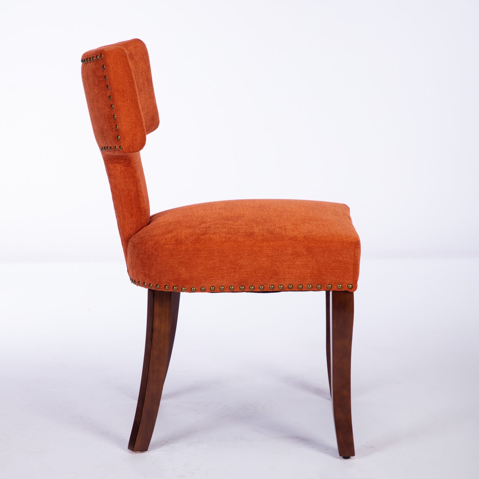 Mid Century Modern Dining Chairs Set of 2, Farmhouse Linen Fabric Upholstered Accent Chair Curved Backrest with Copper Nails around,Kitchen Chairs with Hardwood Frame, Orange