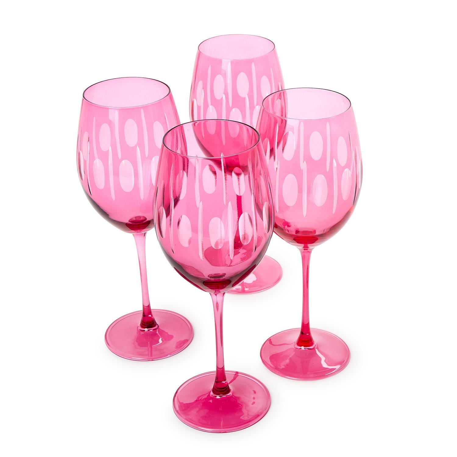 Sparkling Cut Pink Hand Engraved Stemmed Wine Glasses, Set of 4