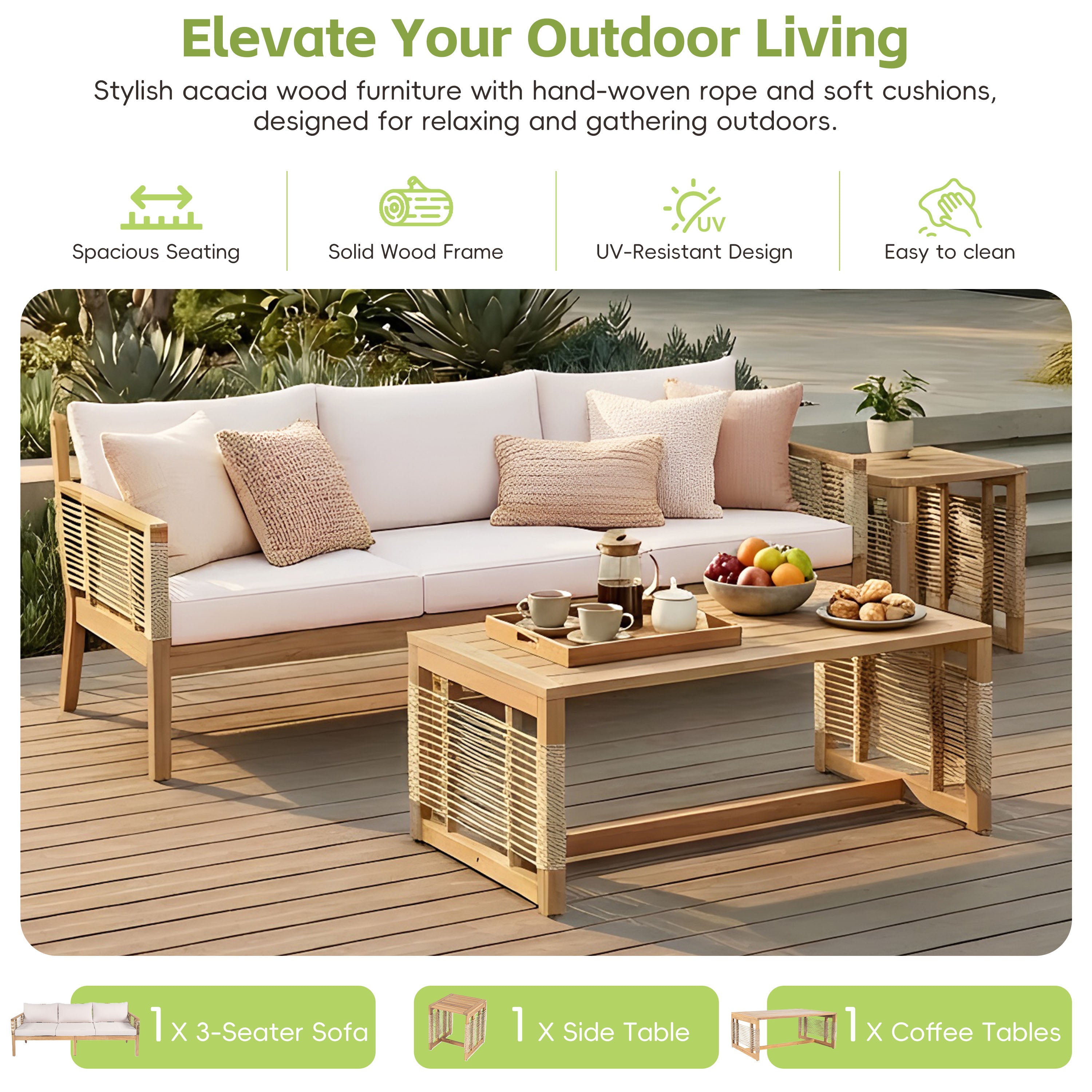 Kirana Outdoor Patio Acacia Wood 3-Seater Sofa Set with 2 Coffee Tables