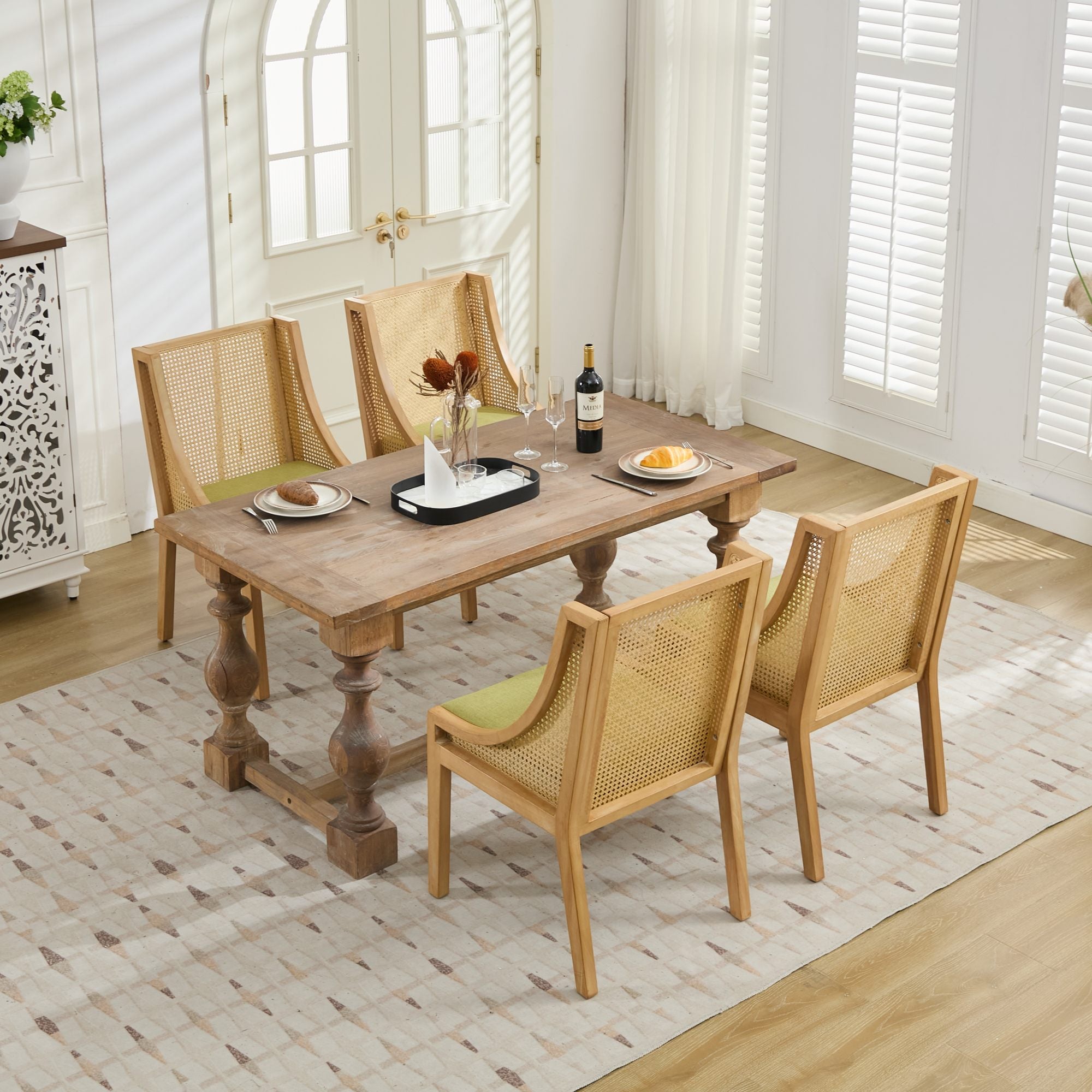 Linen Upholstered Rattan Dining Chair with Decorative Armrests