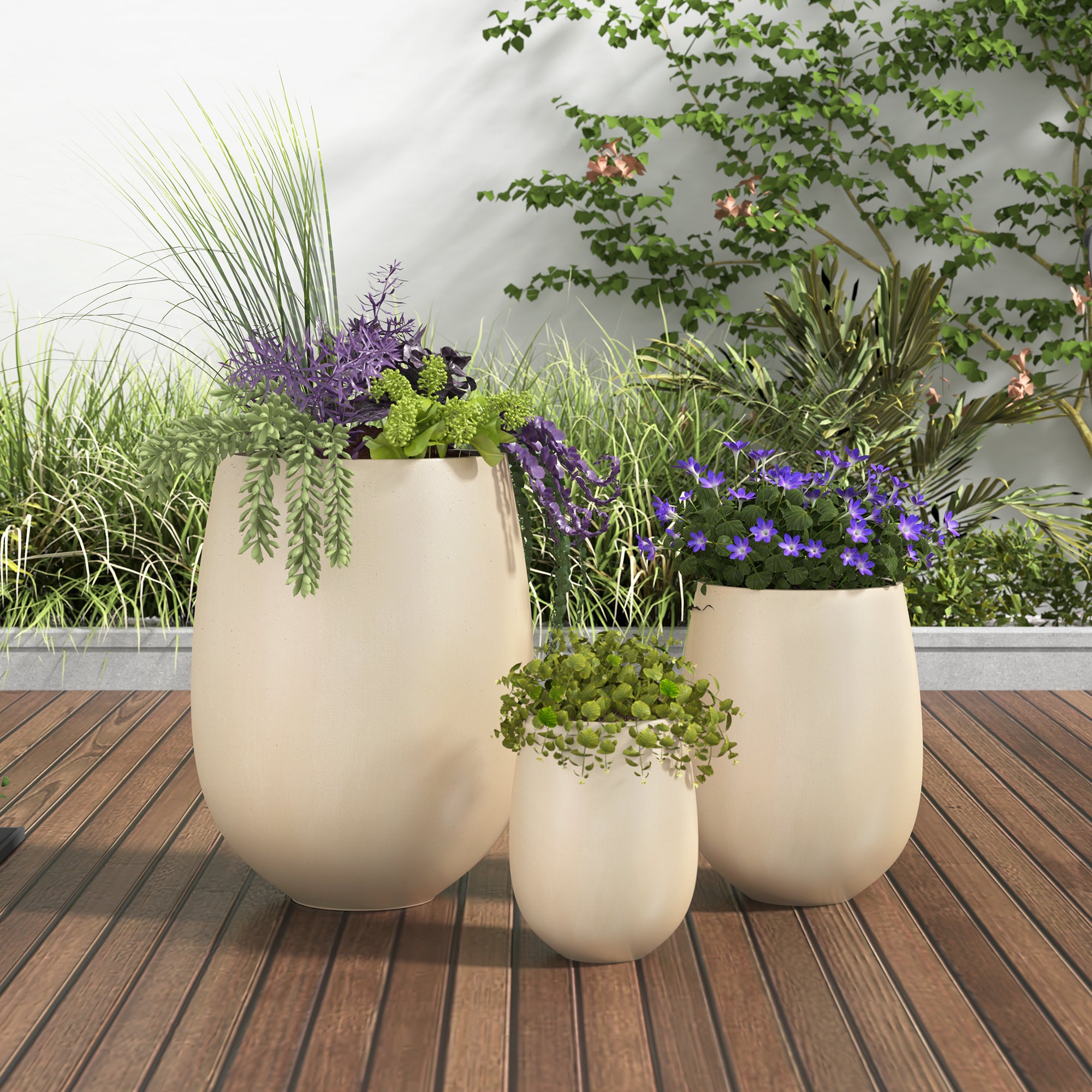 egg pot planter Egg Shaped Lightweight Outdoor Planter, Set of 3 Beige