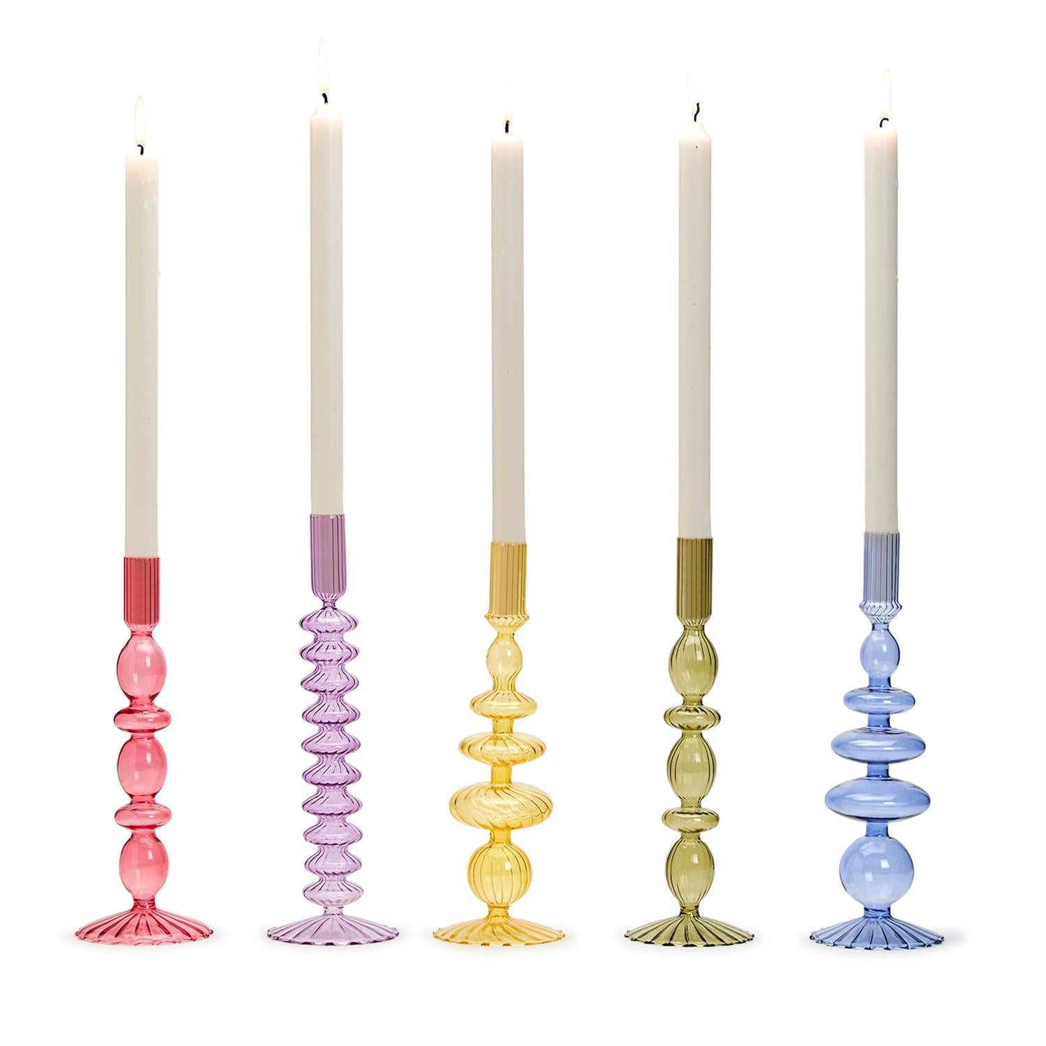 Hand-Blown Glass Taper Candlestick Candleholders Incl 5 Colors, Set of 5