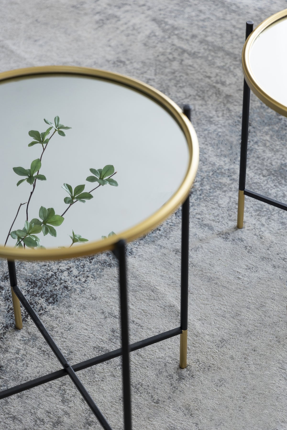 Set of 2 Gold and Black Iron Side Tables with Glass Top