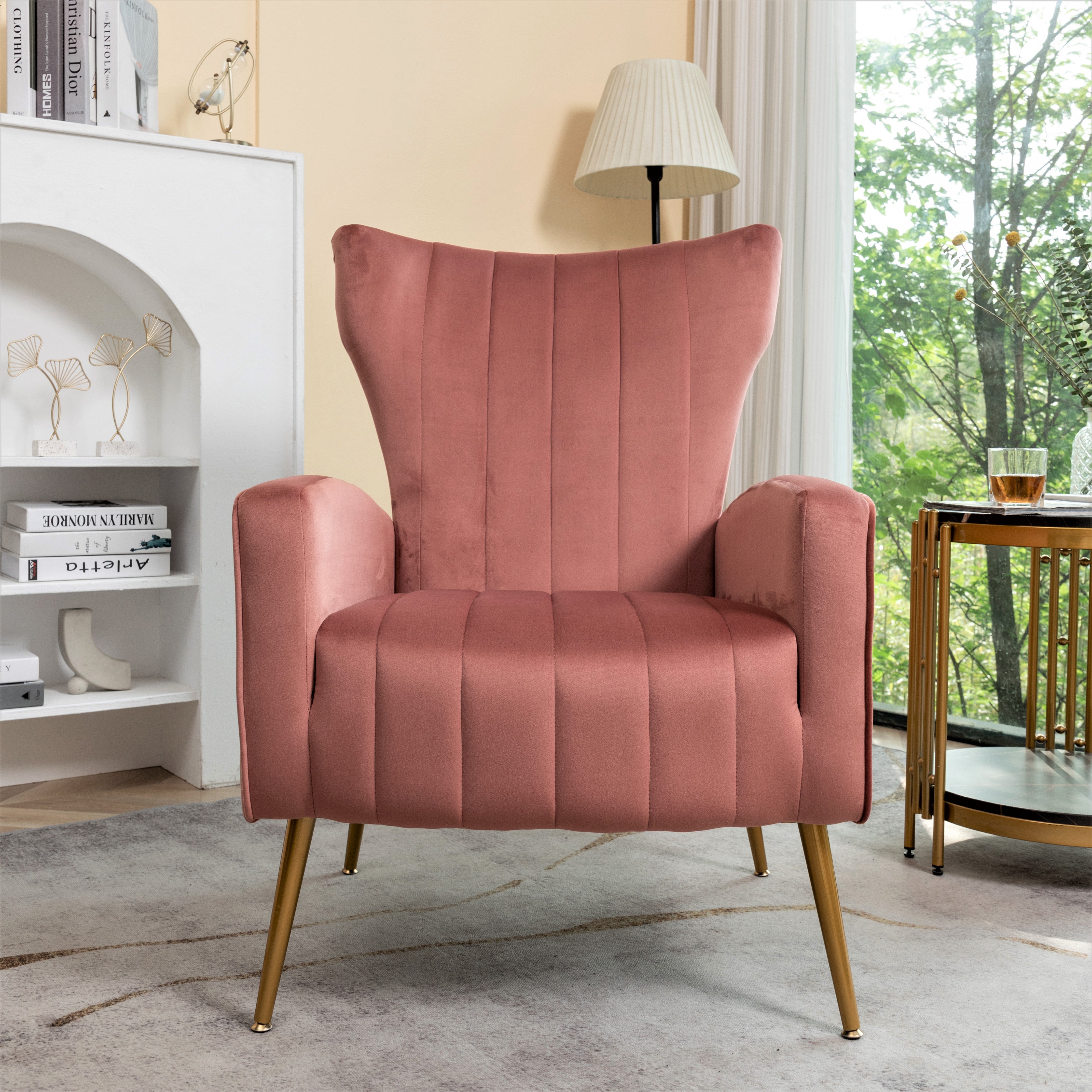 Velvet Accent Wingback Armchair with Metal Legs