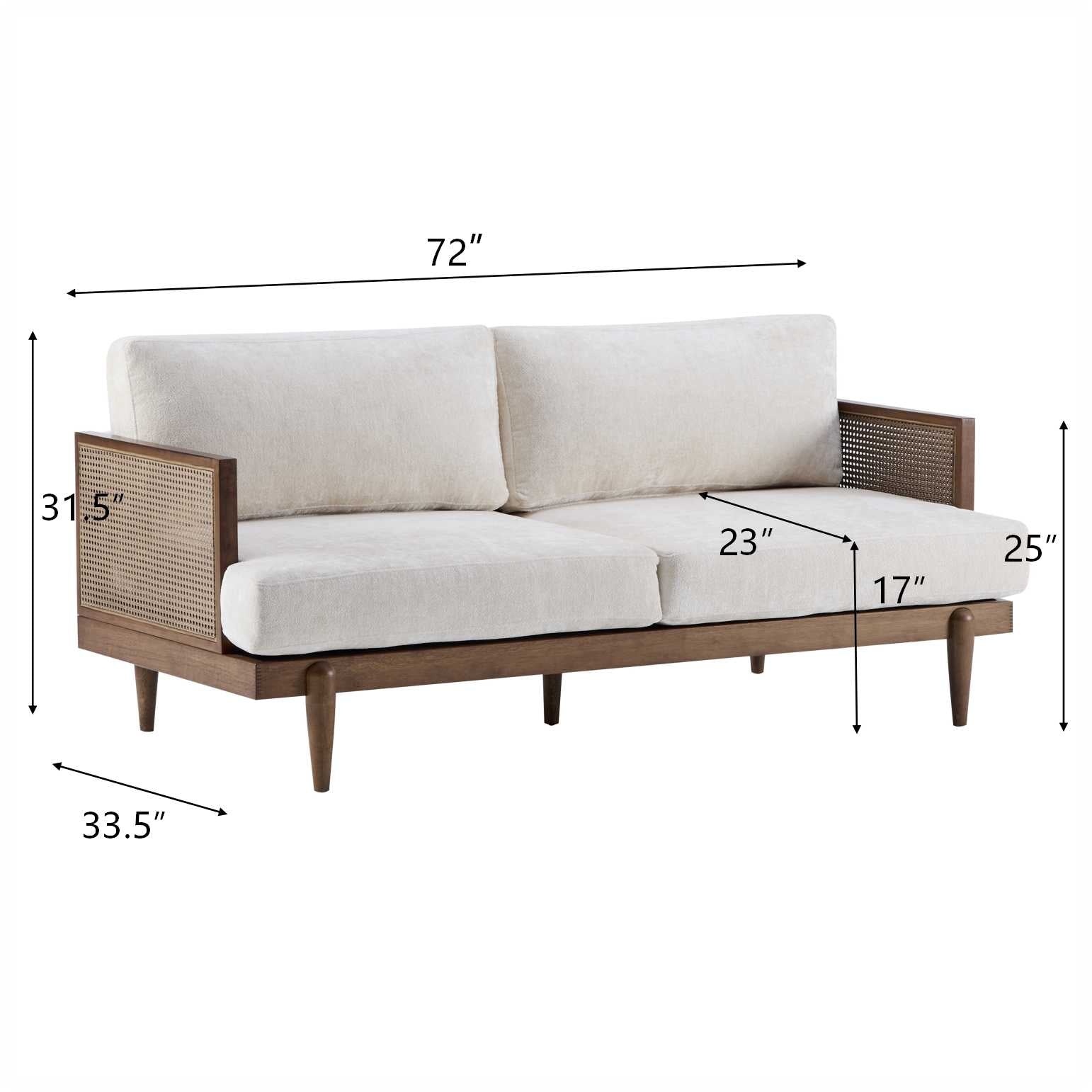3-Seater Sofa with Cane Rattan and Wooden Frame