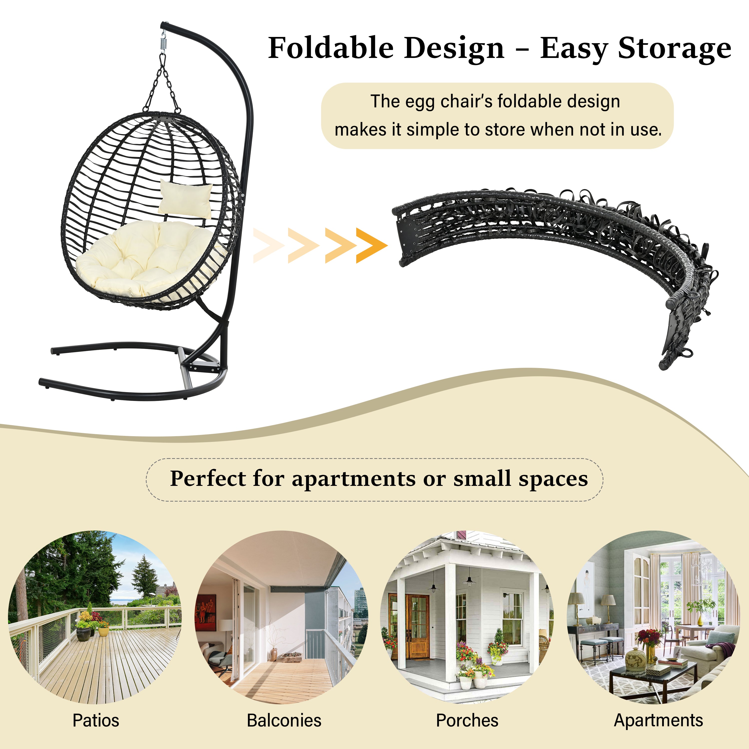 Folding Hanging Swinging Egg Chair with Stand & Tufted Cushion