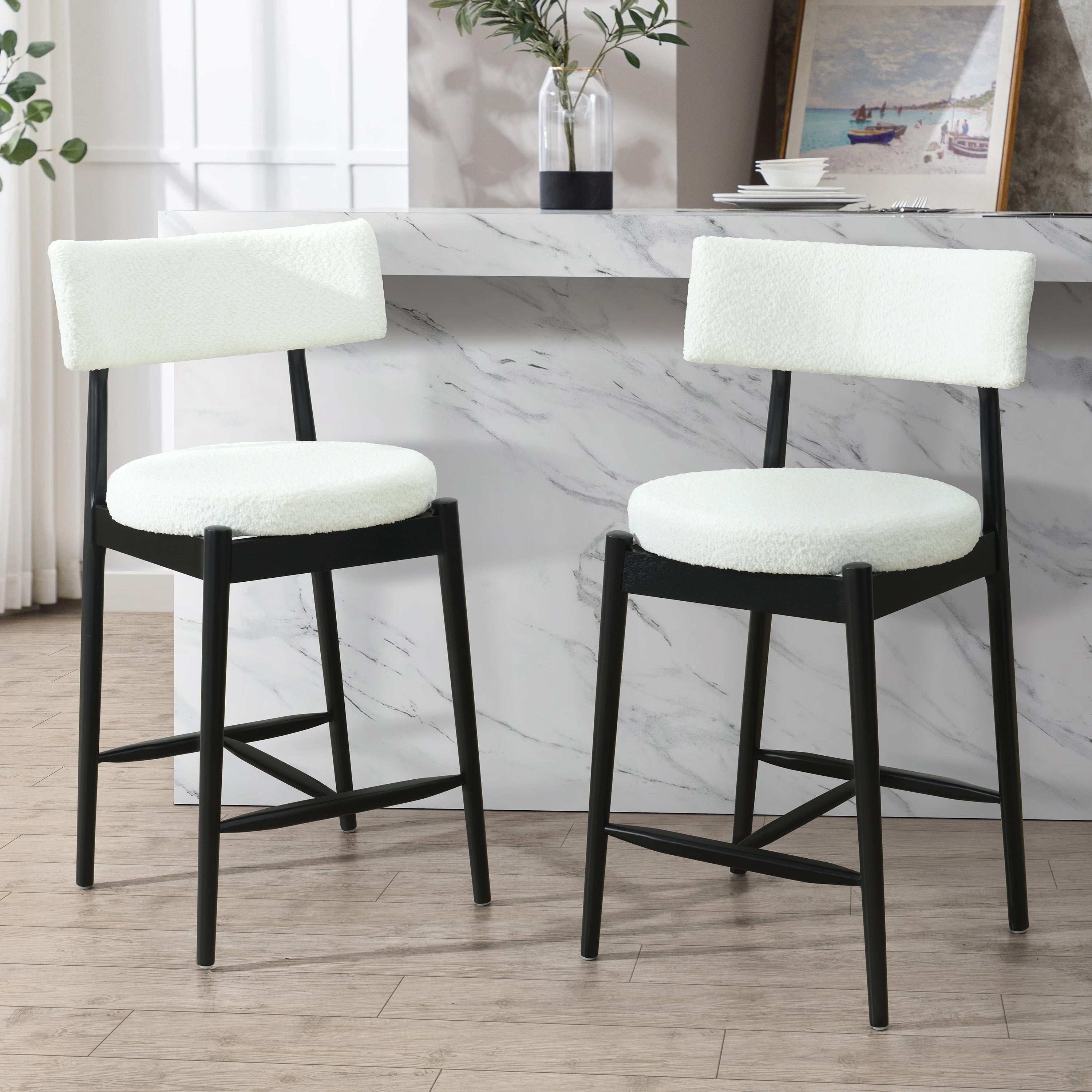 Harveston Mid Century Modern Boucle Upholstered Counter Stools, Set of 2