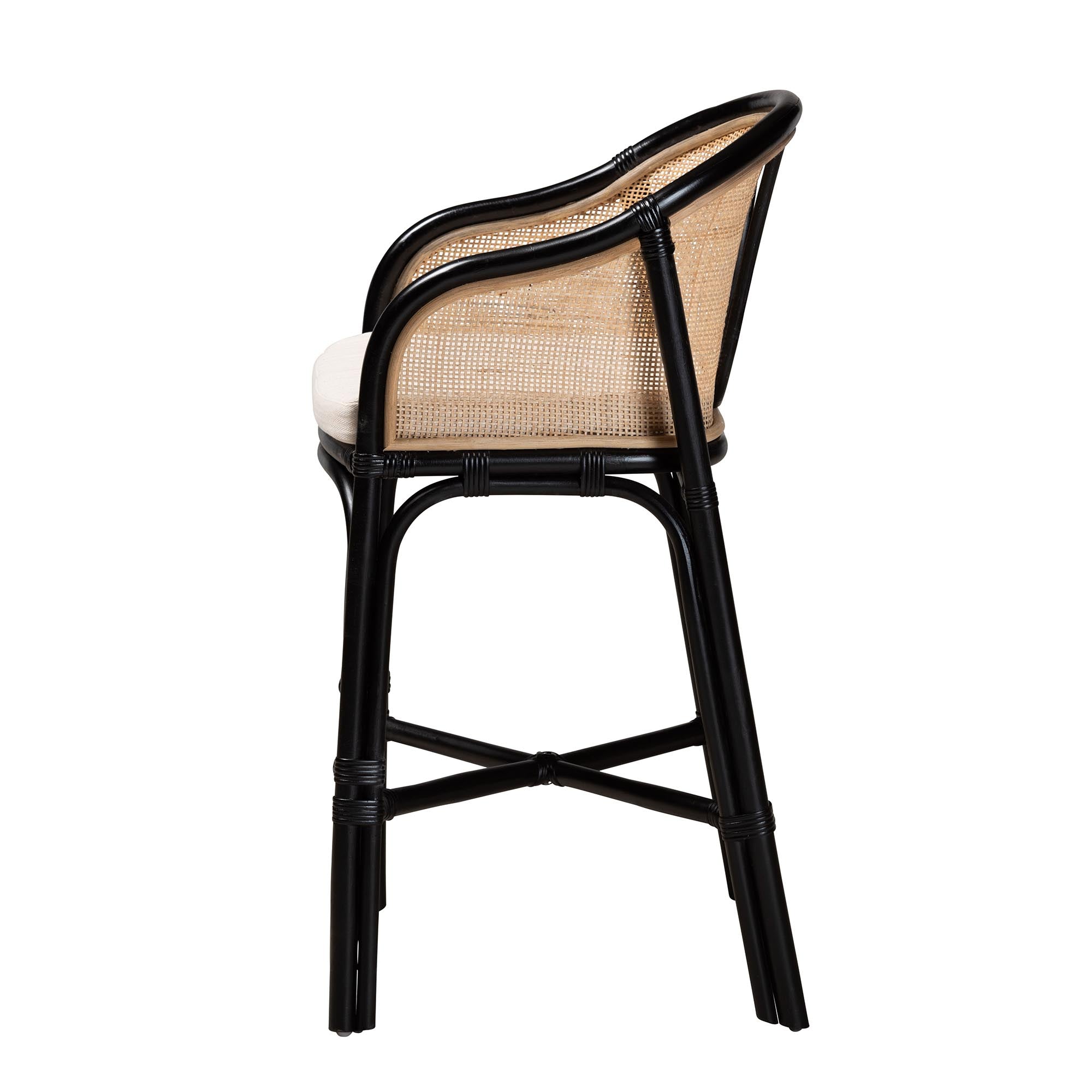 Modern Bohemian Two-Tone Black and Natural Brown Rattan Counter Stool