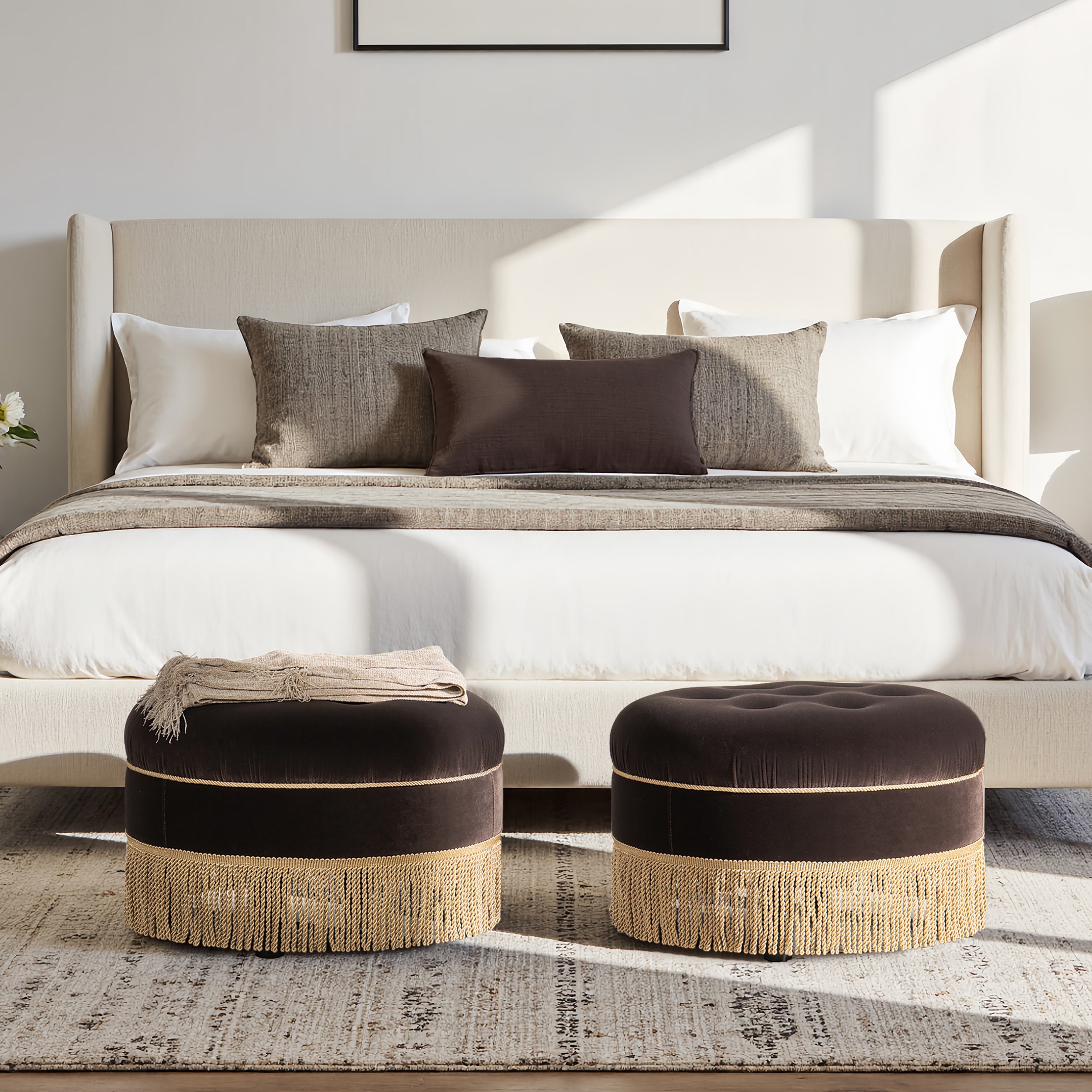 Yolanda 24" Round Upholstered Accent Ottoman Deep Brown Performance Velvet