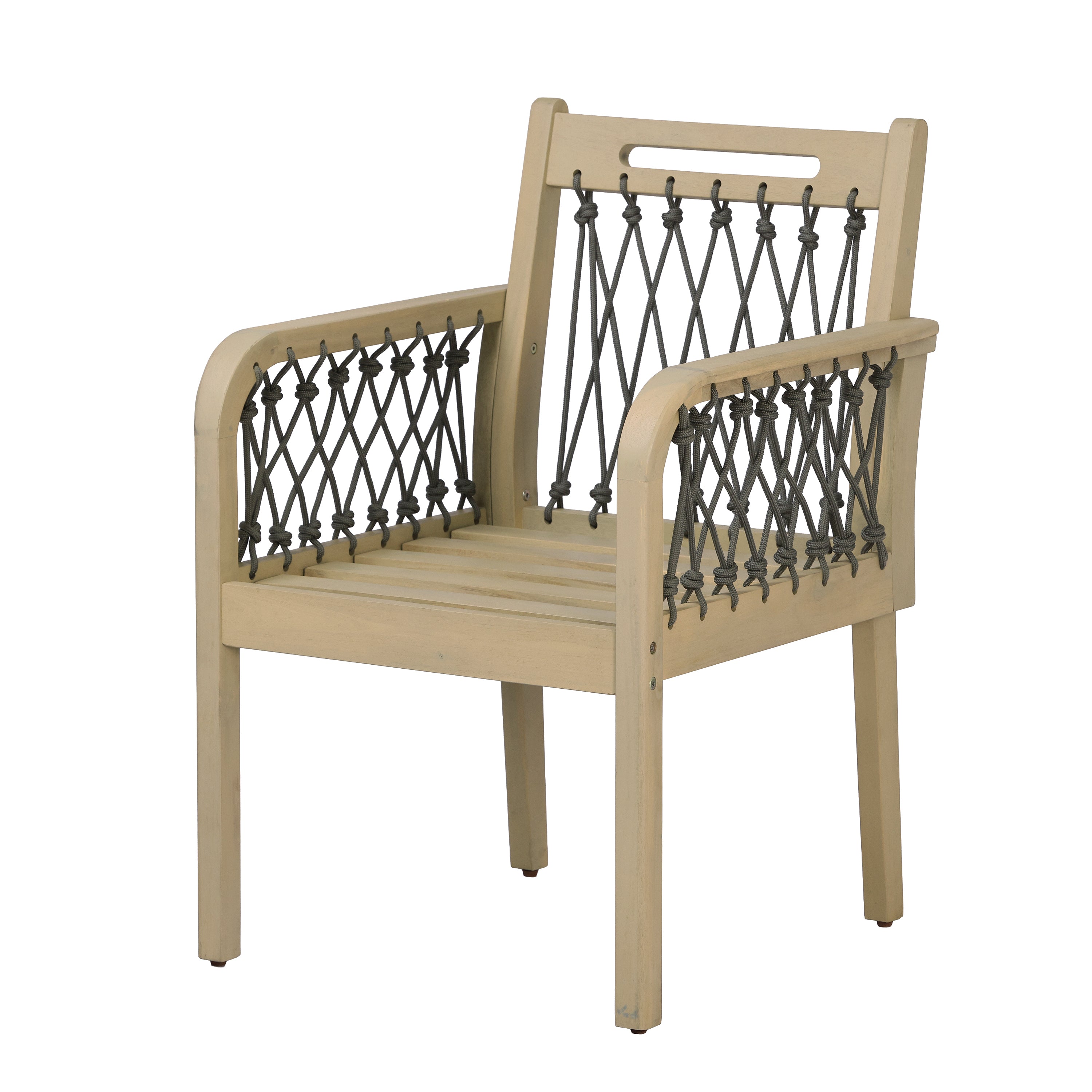 7-Piece Outdoor Acacia Wood Dining Set with Rope-Woven Armchairs, Weather-Resistant Patio Table & Chairs with Cushions,Light teak+Dark grey rope+Cream Beige cushion