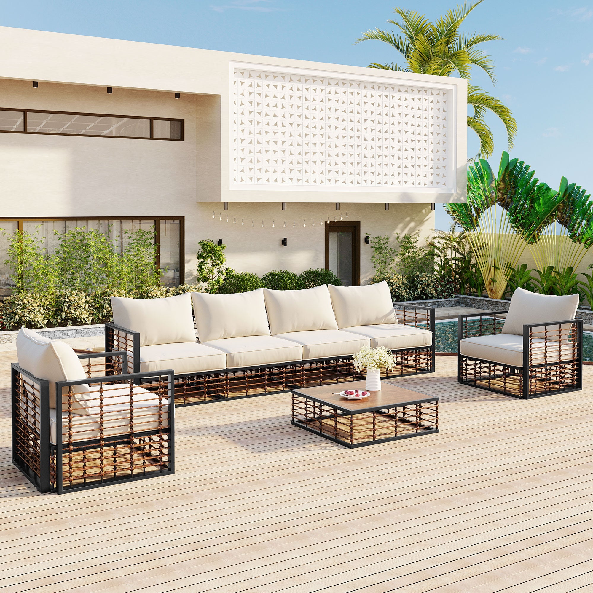 TOPMAX Modern Minimalist 7-Piece Metal Patio Sectional Sofa Set, All-Weather Garden Conversational Furniture Set with Thick Cushions and Coffee Table for Indoor Outdoor, Dark Grey