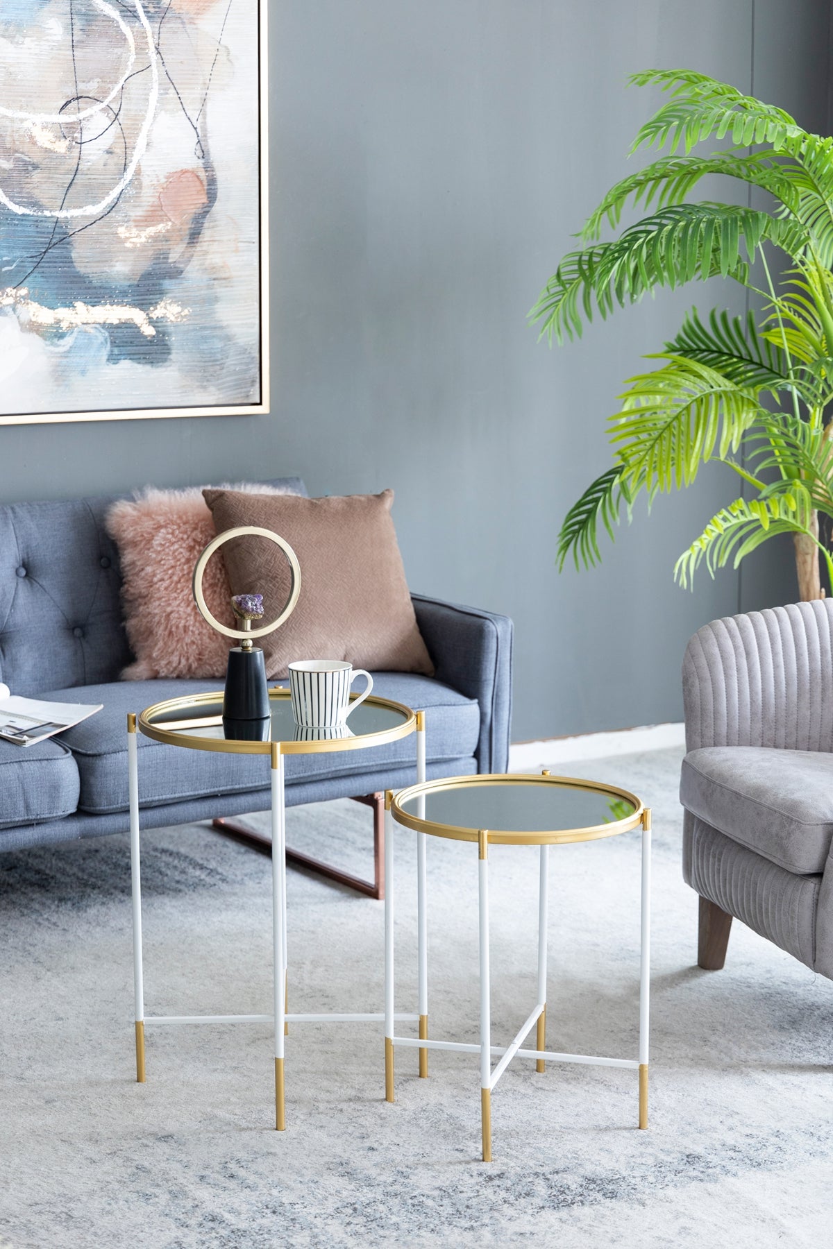 Set of 2 Mirrored Top Side Tables - Gold and White