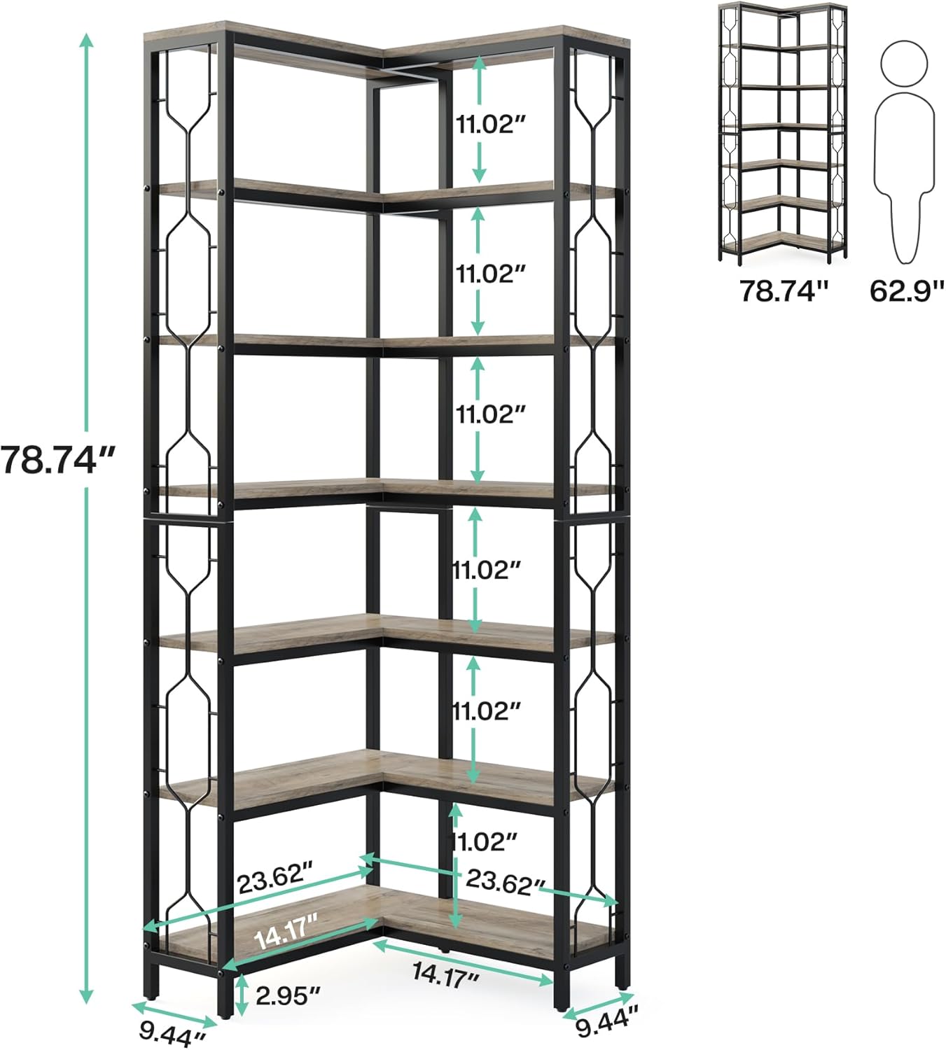 7-Tier Industrial Corner Bookshelf with Metal Frame