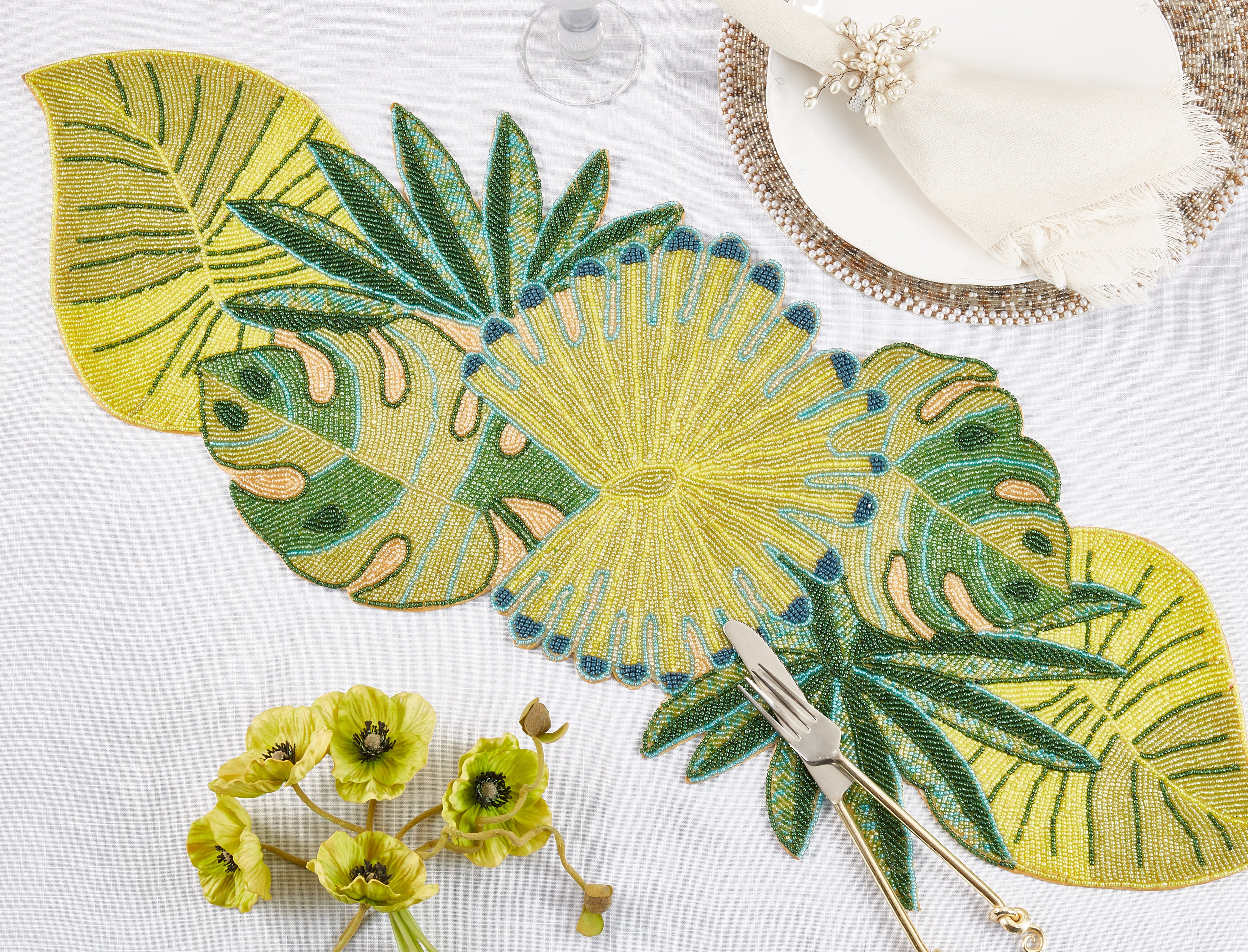 Beaded Tropical Leaves Table Runner
