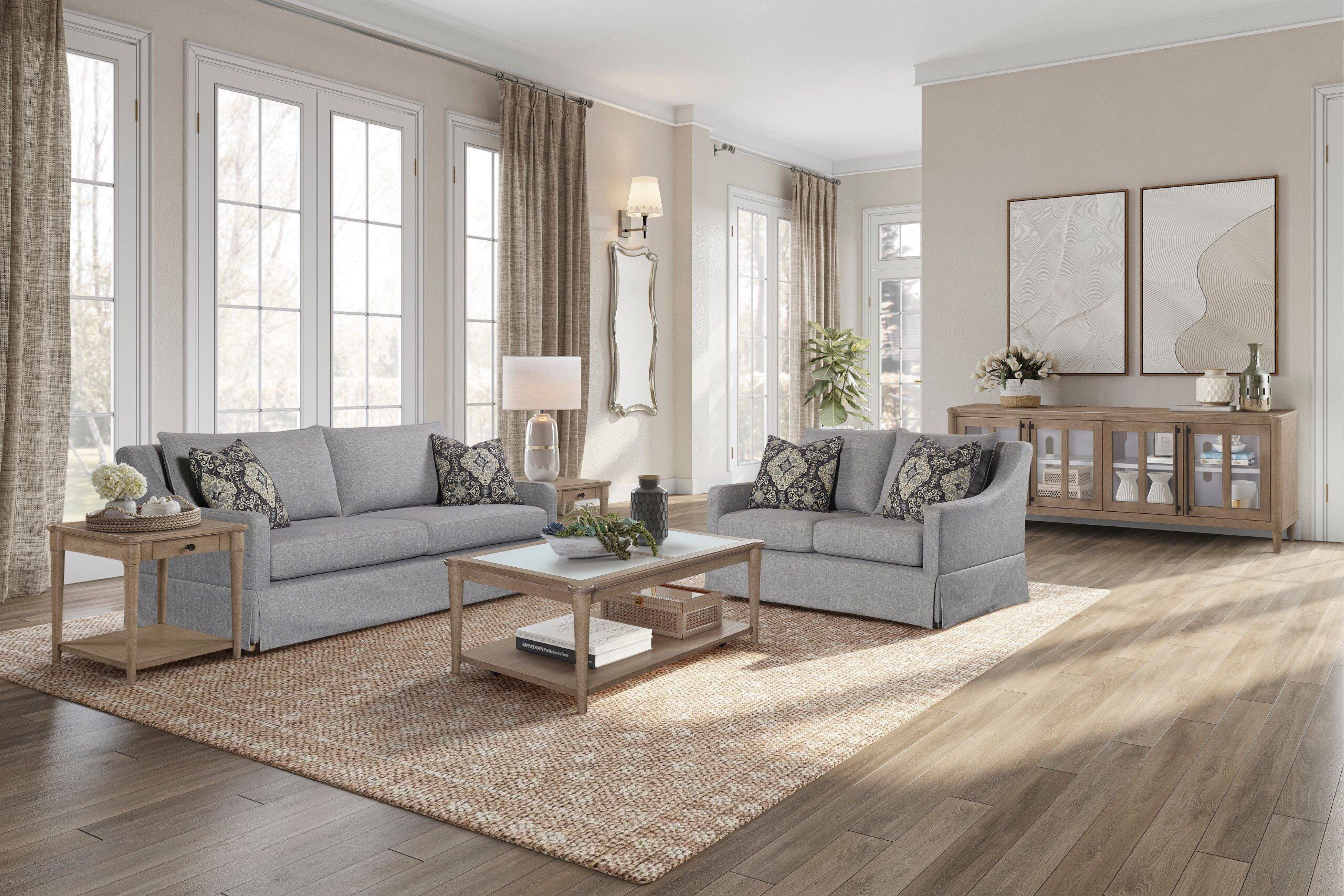 Loveseat with Skirt and Reversable Cushions and 2 Pillows