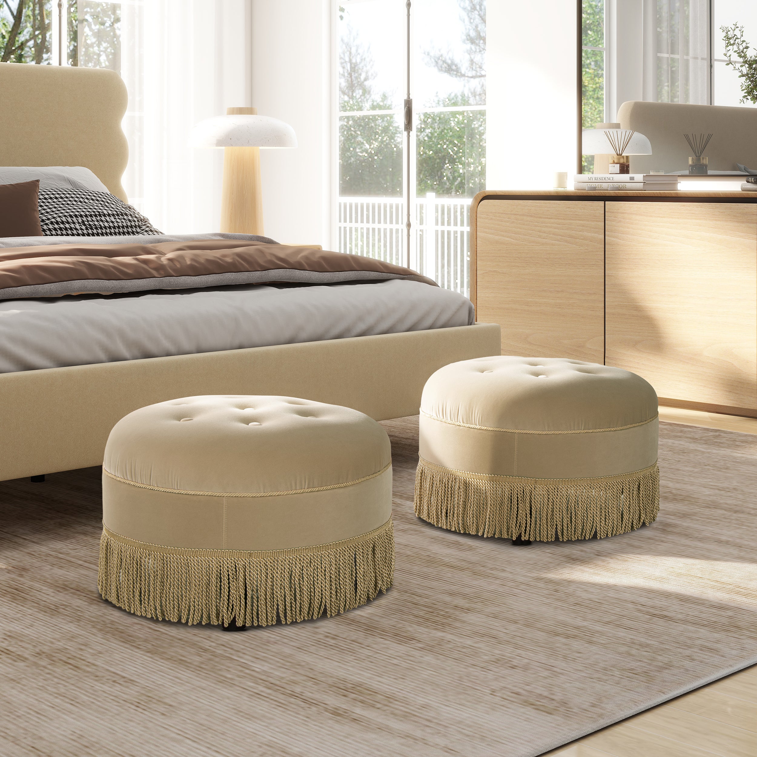 Yolanda 24" Round Upholstered Accent Ottoman, Olive Green Performance Velvet