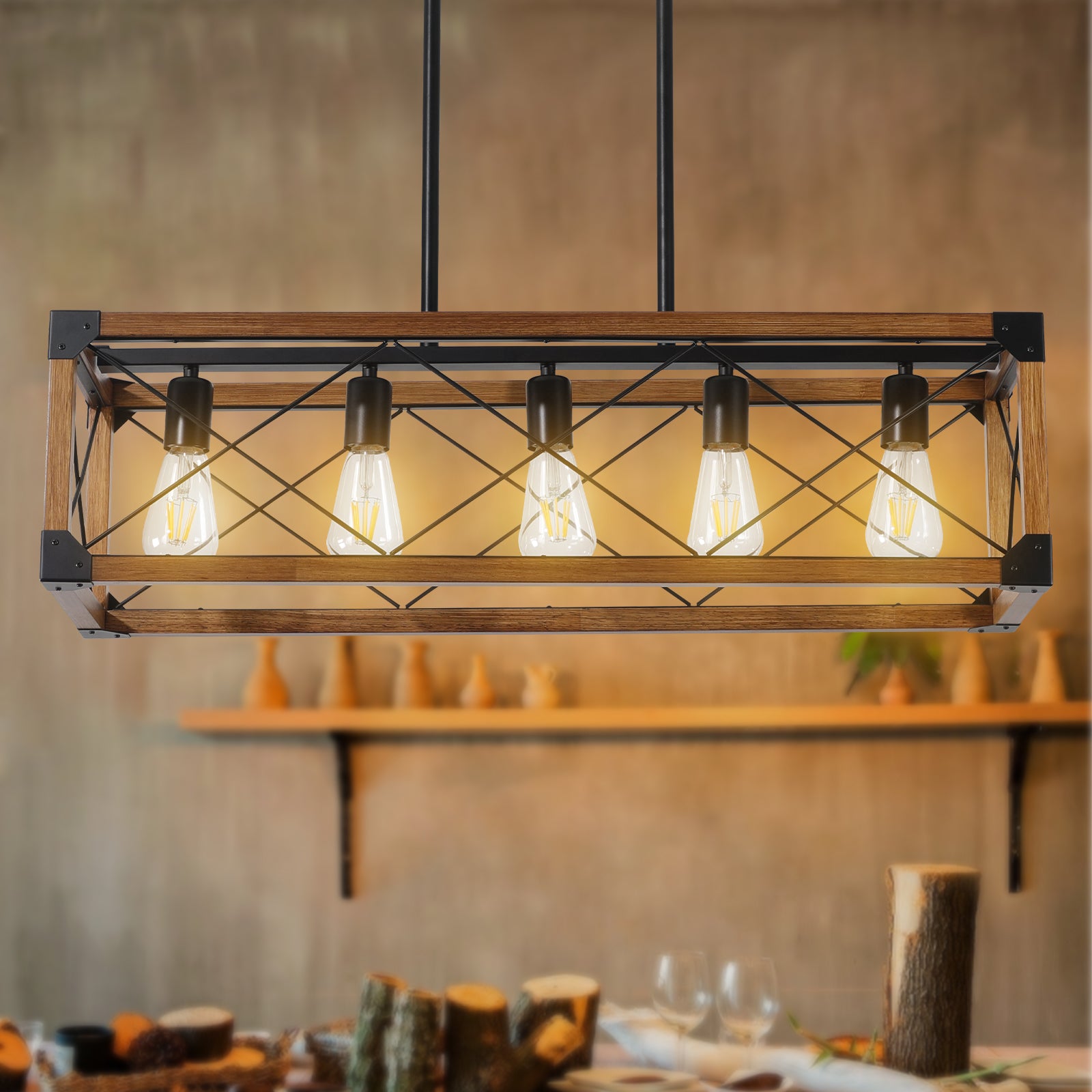 32" Rectangle Pendant Light with 5 Lights and Adjustable Height Boom