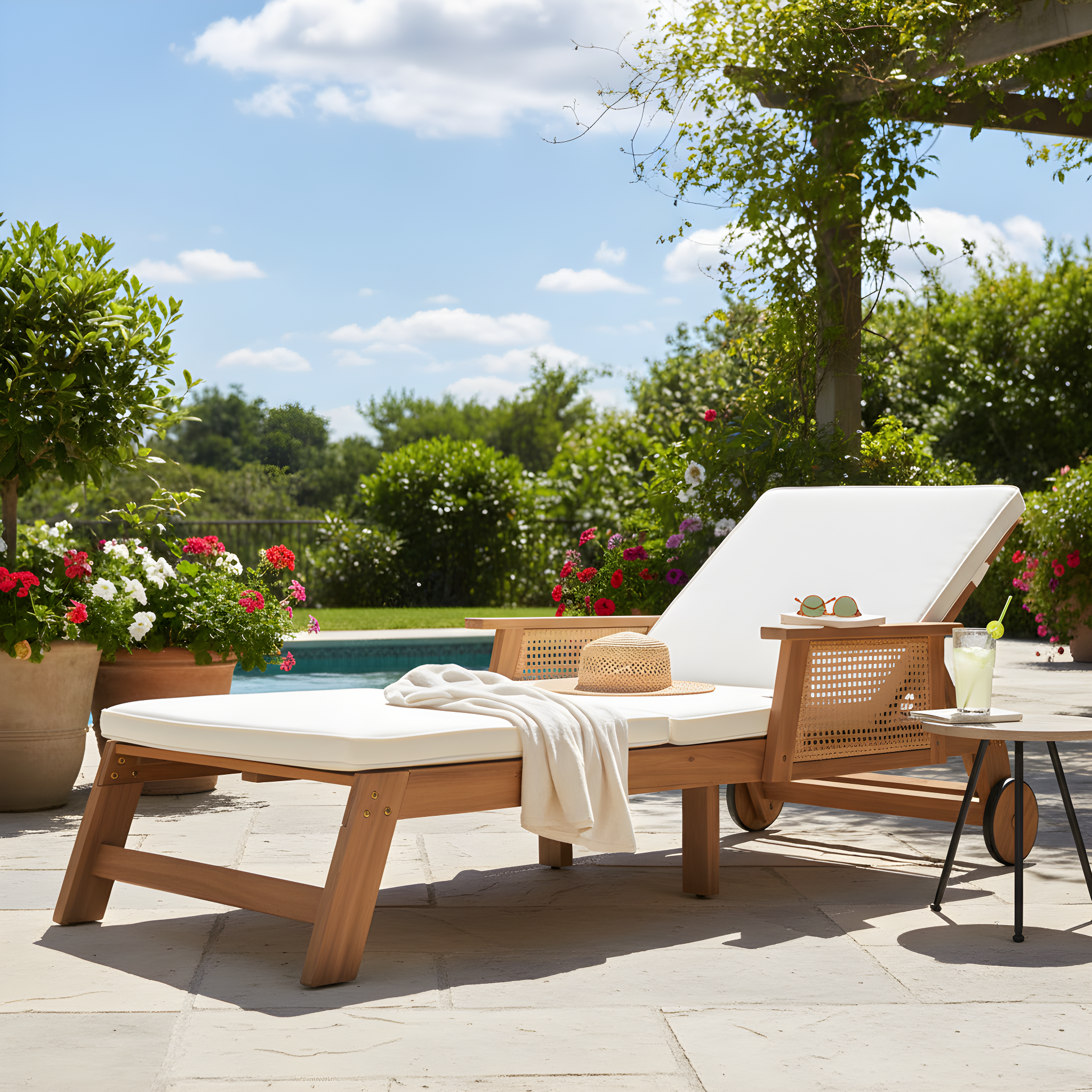 Retro Acacia Wood Outdoor Sunlounge with Wheels & 3-Position Backrest