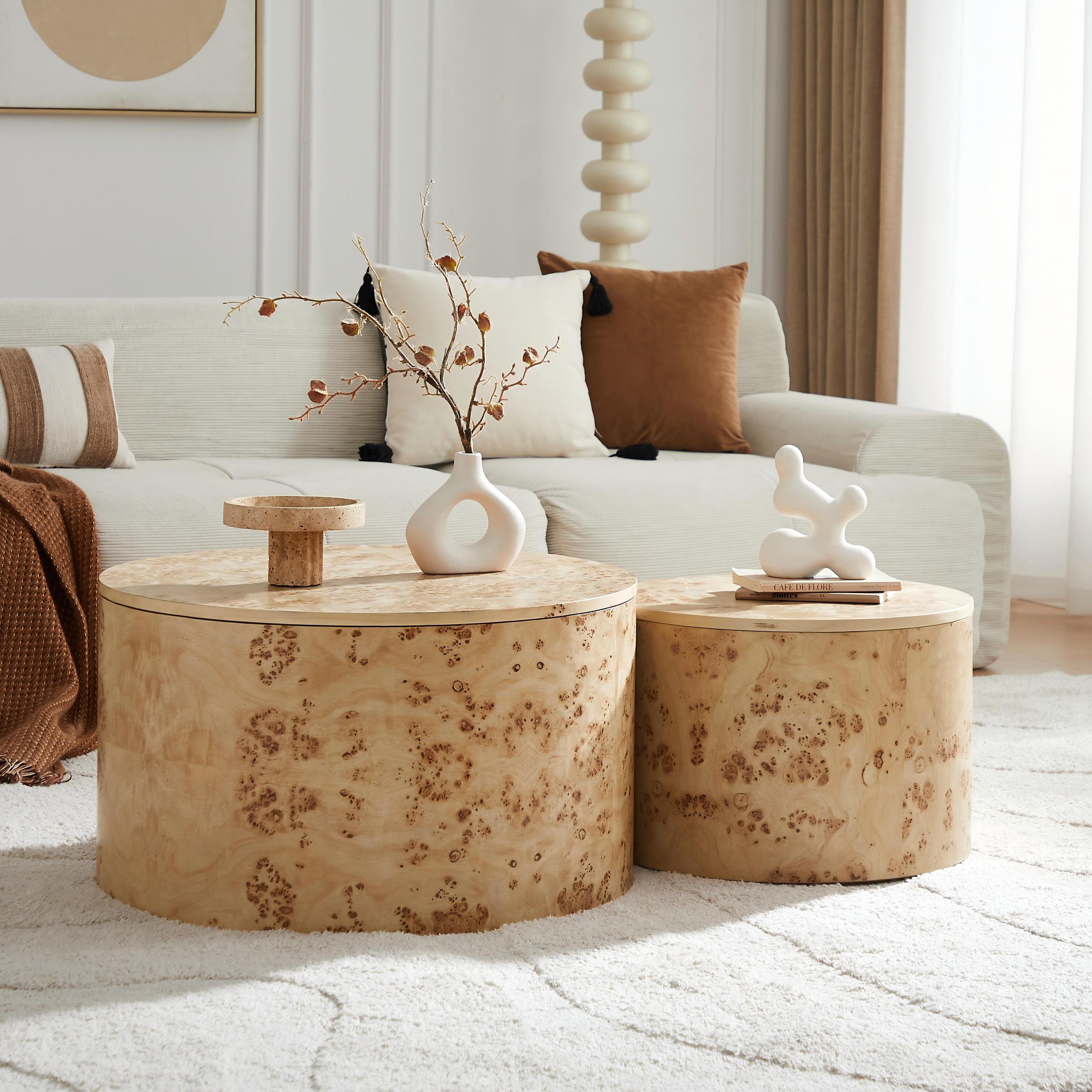 Round Coffee Table Set with Burl Wood Veneer