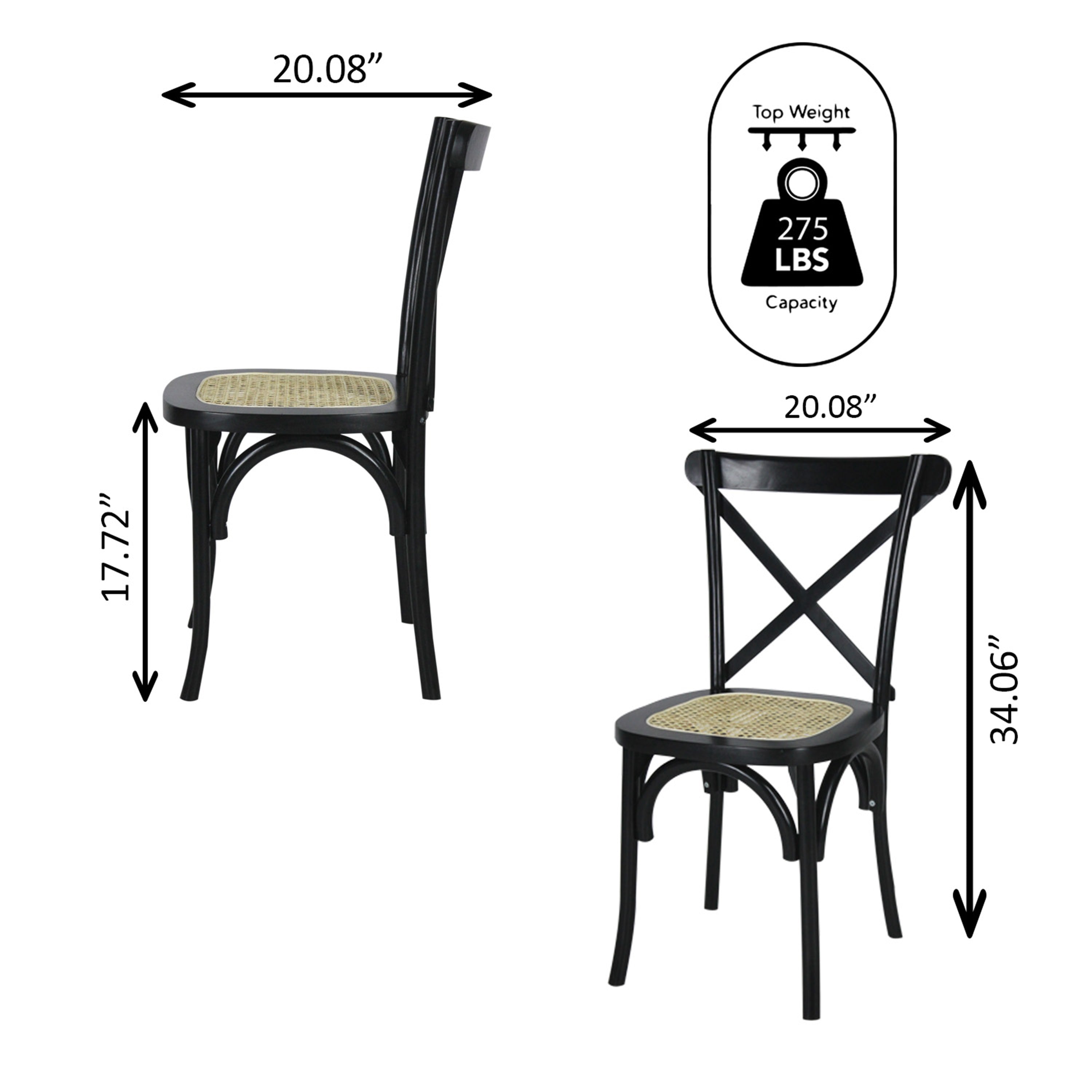 Cassis X-Back Wood Rattan Dining Chair, Set of 2