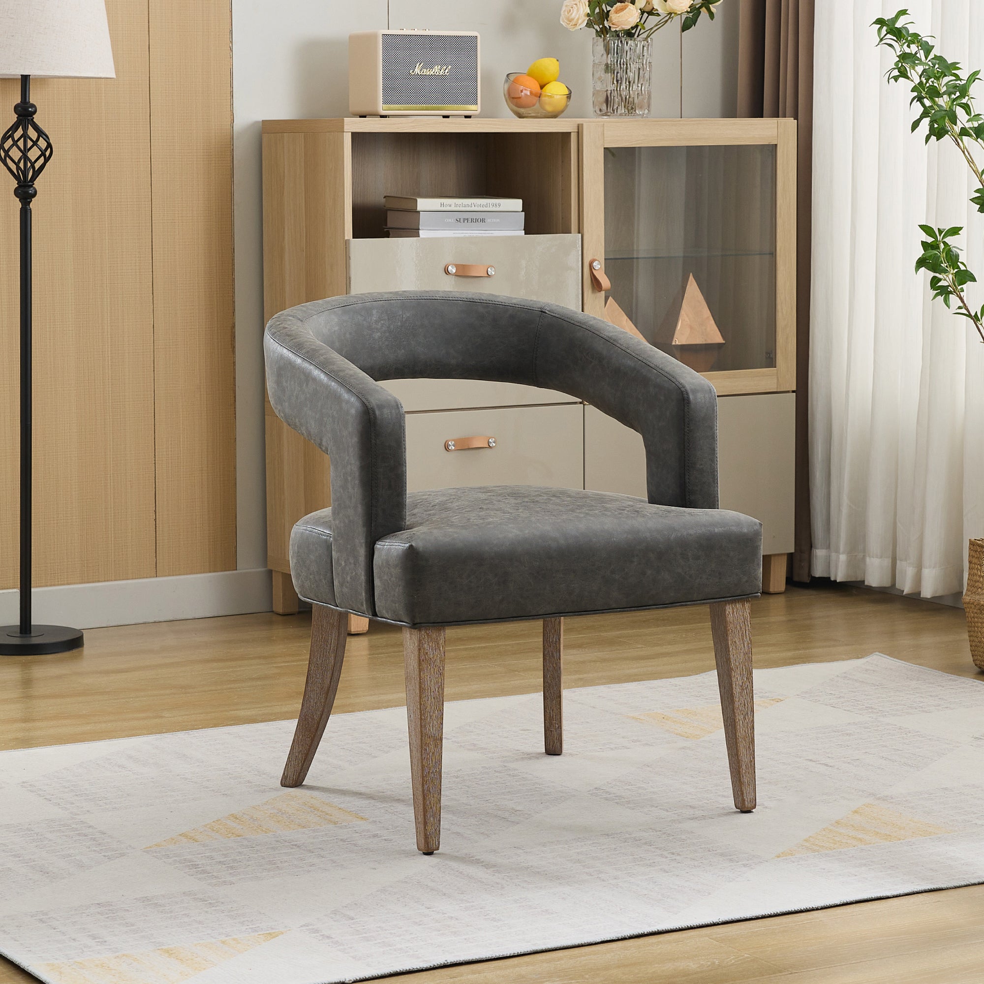 Open-Back Barrel Accent Chair with Velvet Upholstery and Weathered Solid Wood Legs