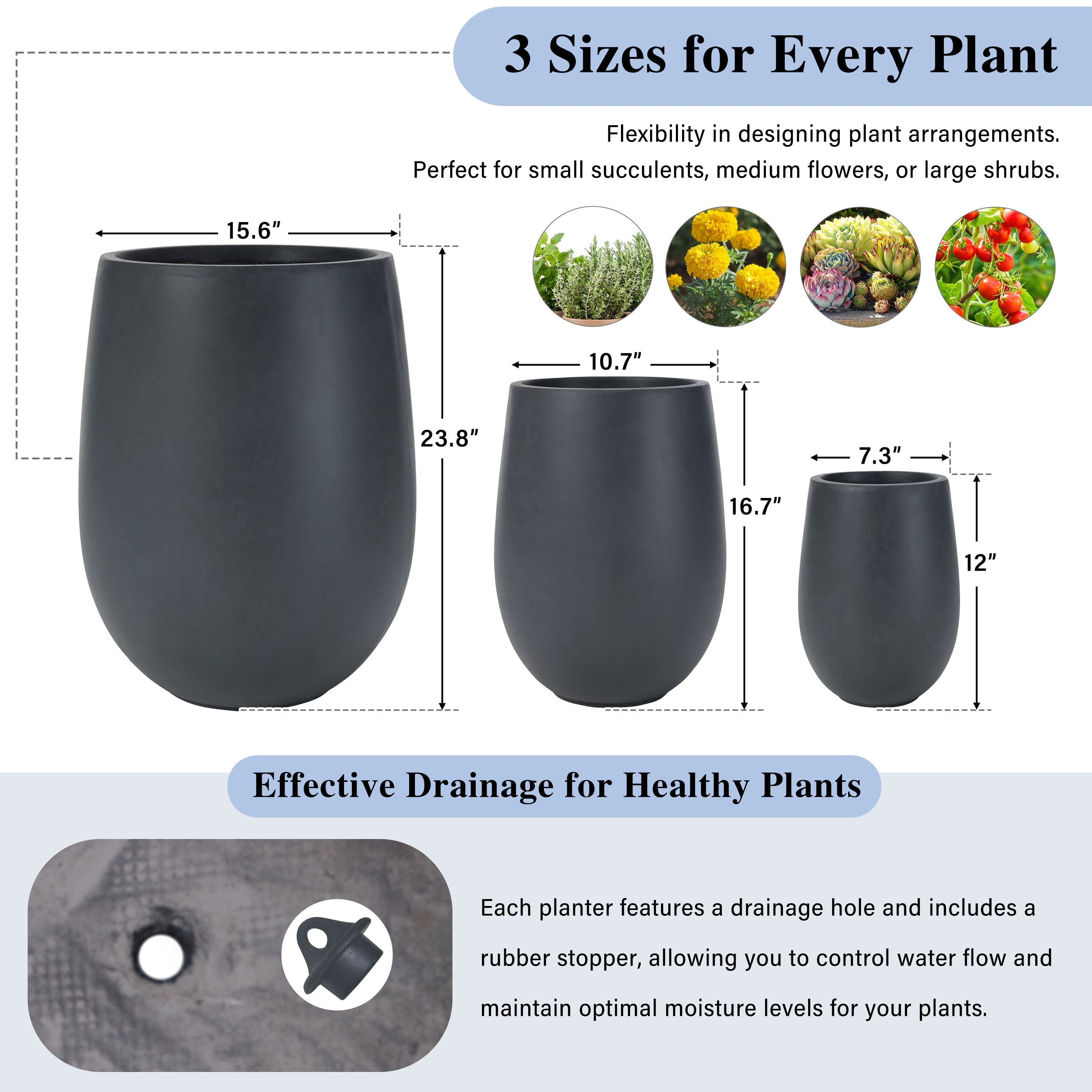 Egg Shaped Lightweight Outdoor Planter, Set of 3