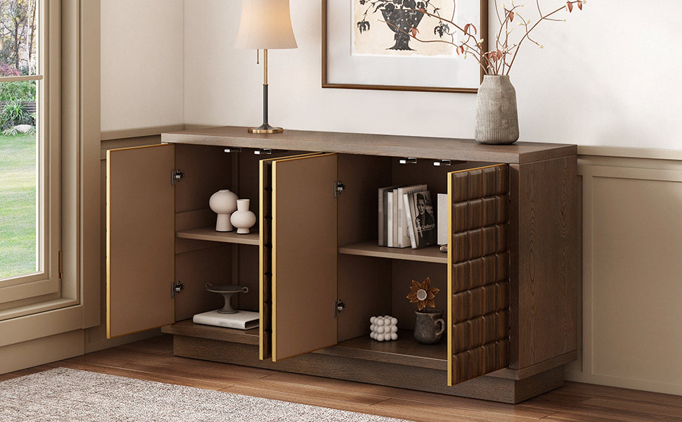 Modern 4-Door Storage Cabinet with 3D Geometric Doors & Metal Trim