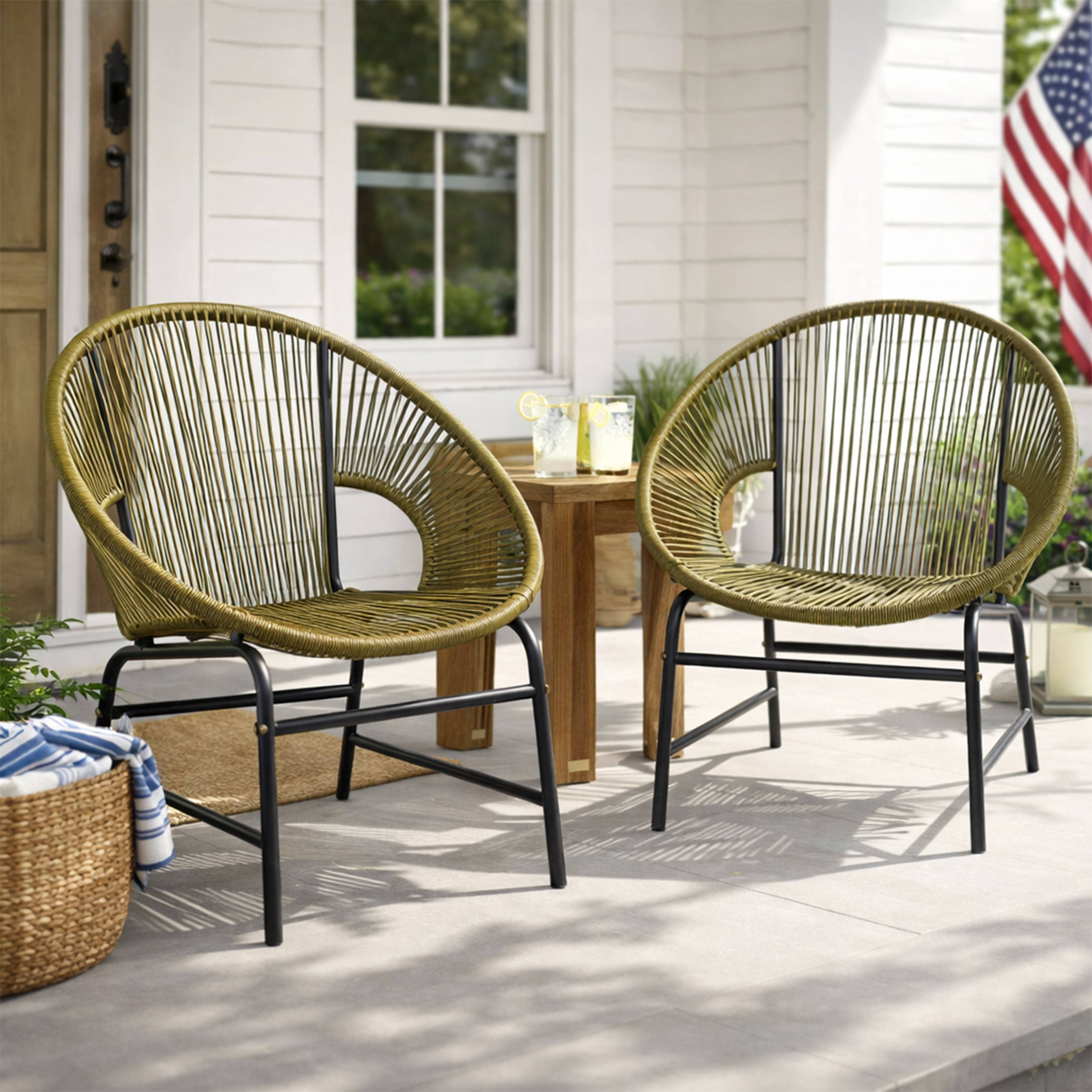 NUSA OUTDOOR PATIO WICKER CHAIR, TEAL PE RATTAN & IRON FRAME, SET OF 2