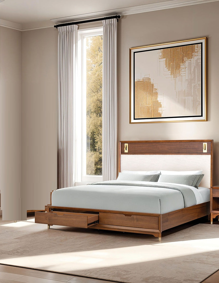 Edison Mid-Century Modern Upholstered Bed with Reading Light