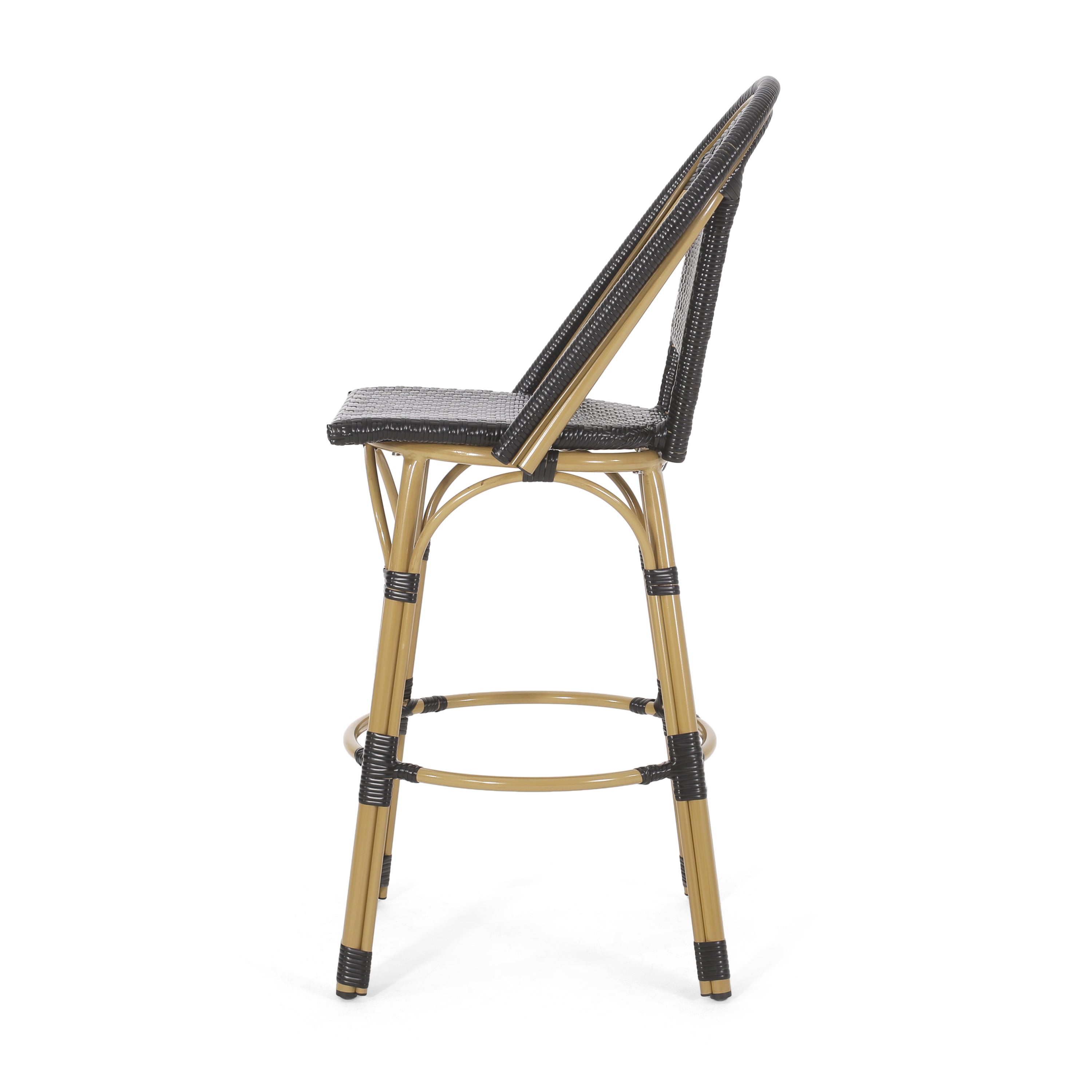Callisto 29.5" Outdoor Rattan and Aluminum Bar Stool with Curved Back and Footrest