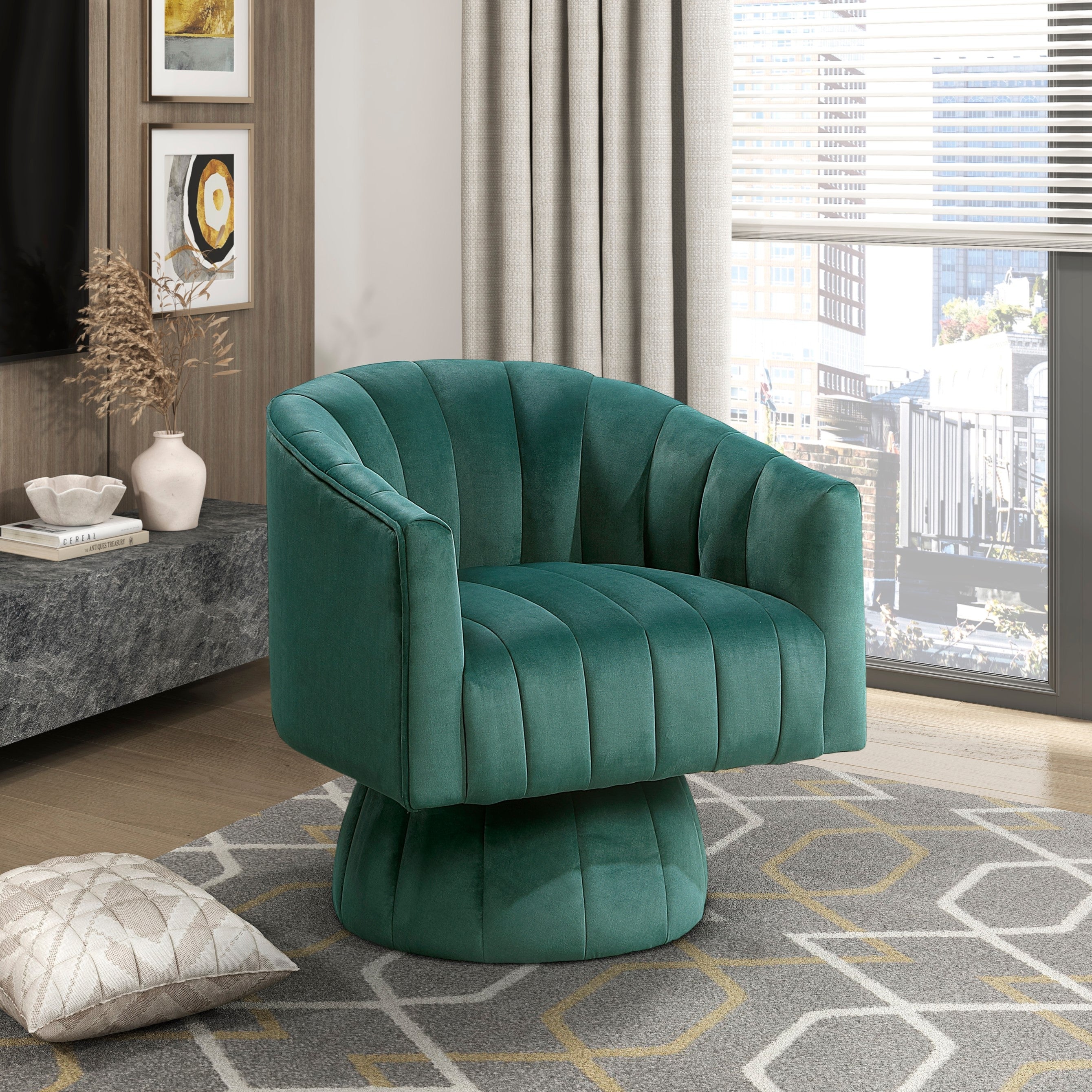 Modern Velvet Accent Swivel Chair, Barrel Back