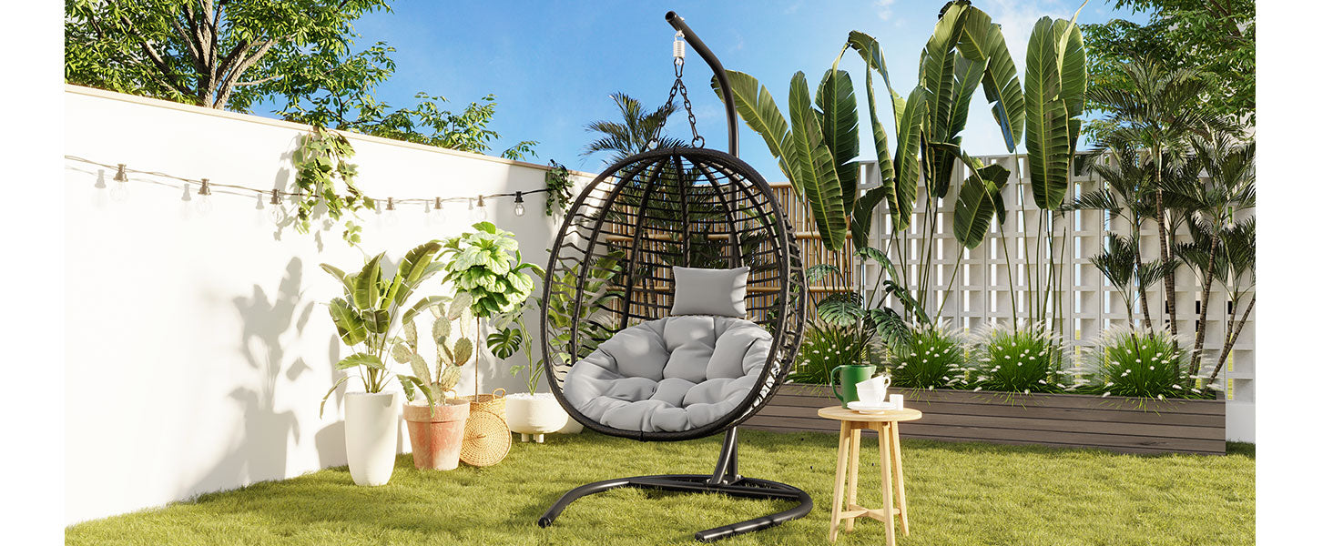 Folding Hanging Swinging Egg Chair with Stand & Tufted Cushion