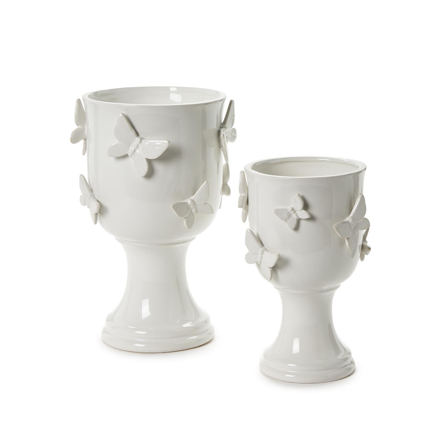 Butterfly Pedestal Cachepots with Sculpted Butterflies, Set of 2