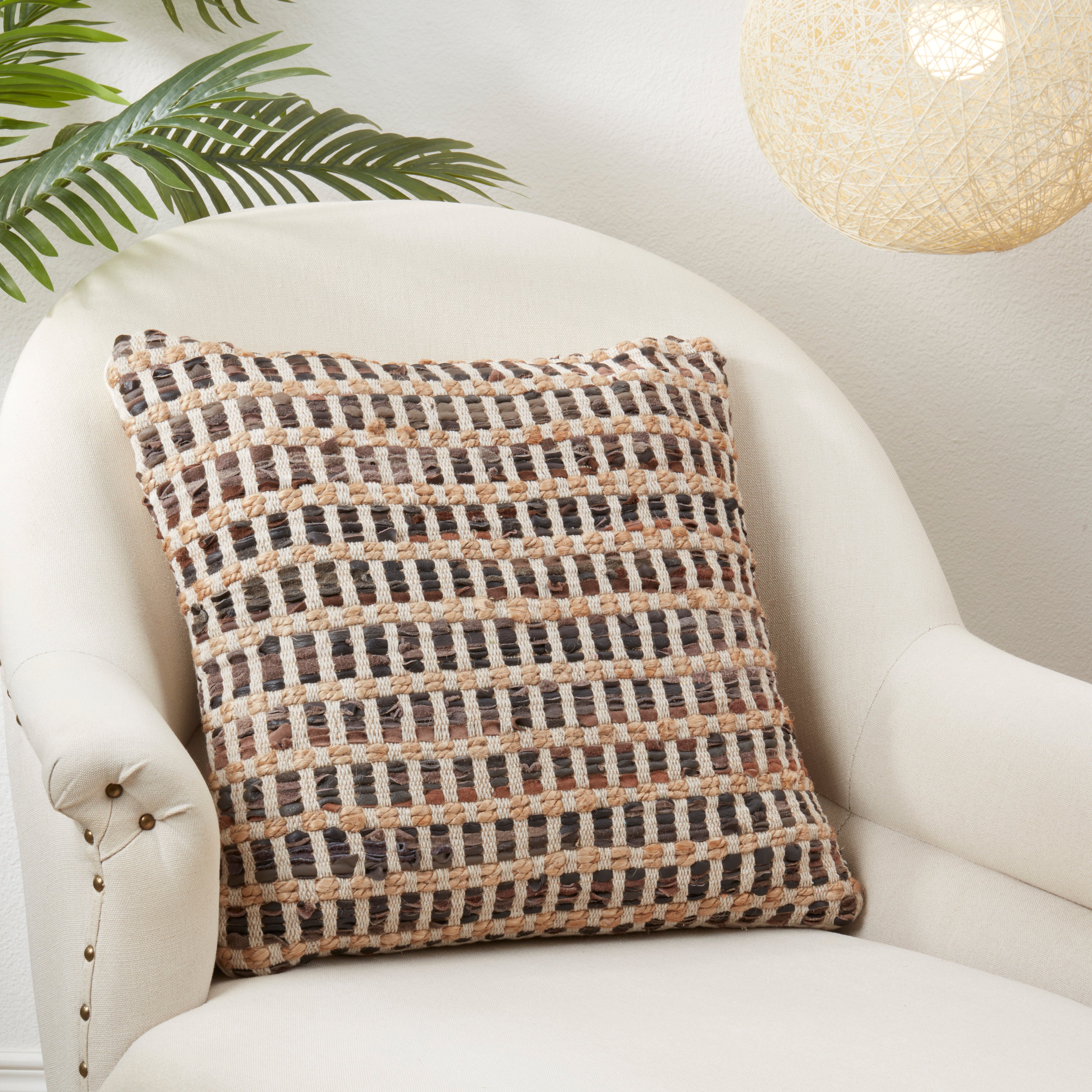 Earthy Leather and Jute Woven Poly Filled Throw Pillow