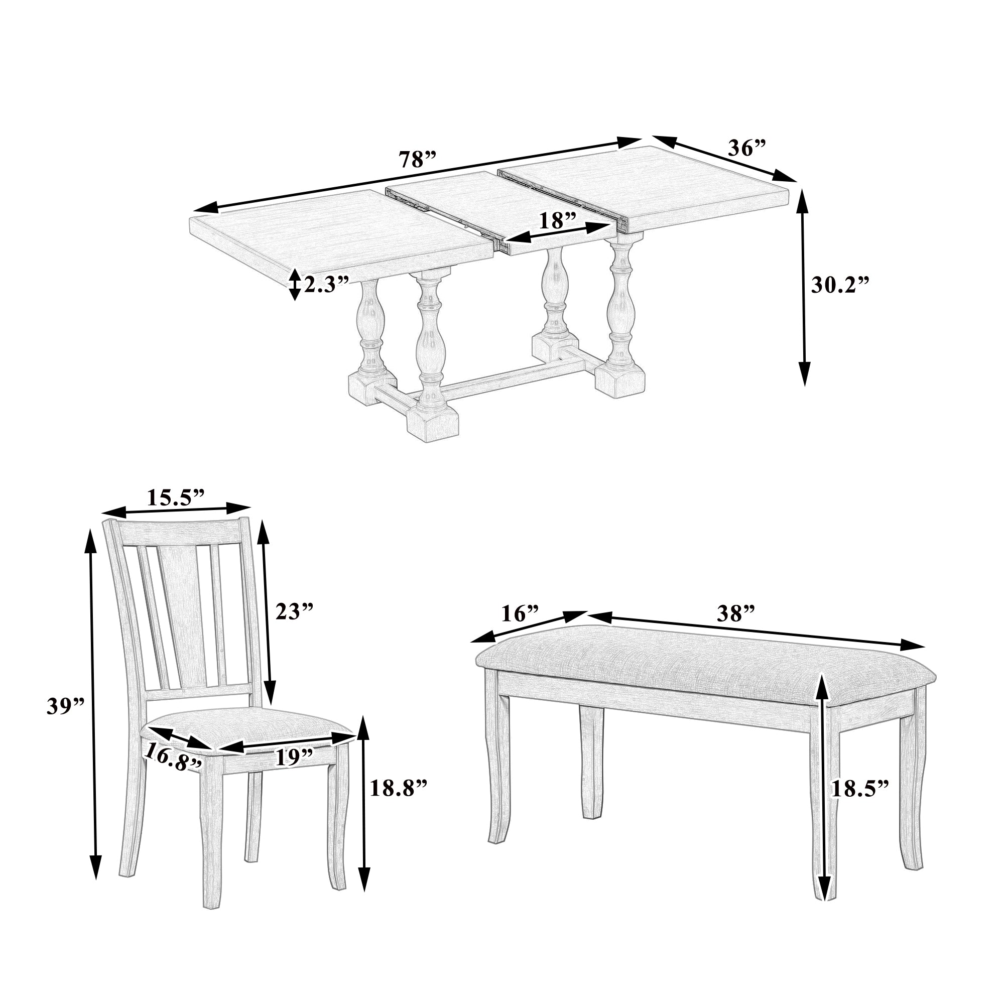 6-Piece Dining Set with Removable Leaf Table and Padded Dining Bench and 4 Chairs