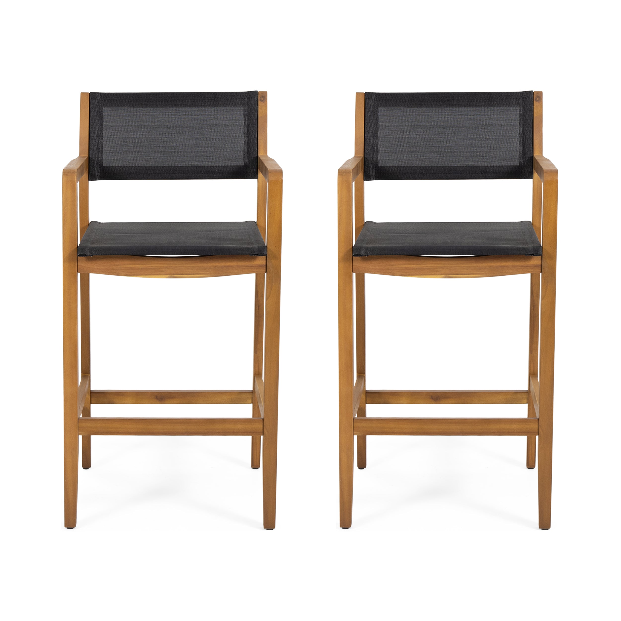 Santana Outdoor Acacia Wood Barstools With Outdoor Mesh, Set of 2